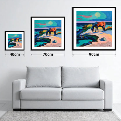 Vibrant Coastal Graze - size guide showing 40cm, 70cm and 90cm art prints