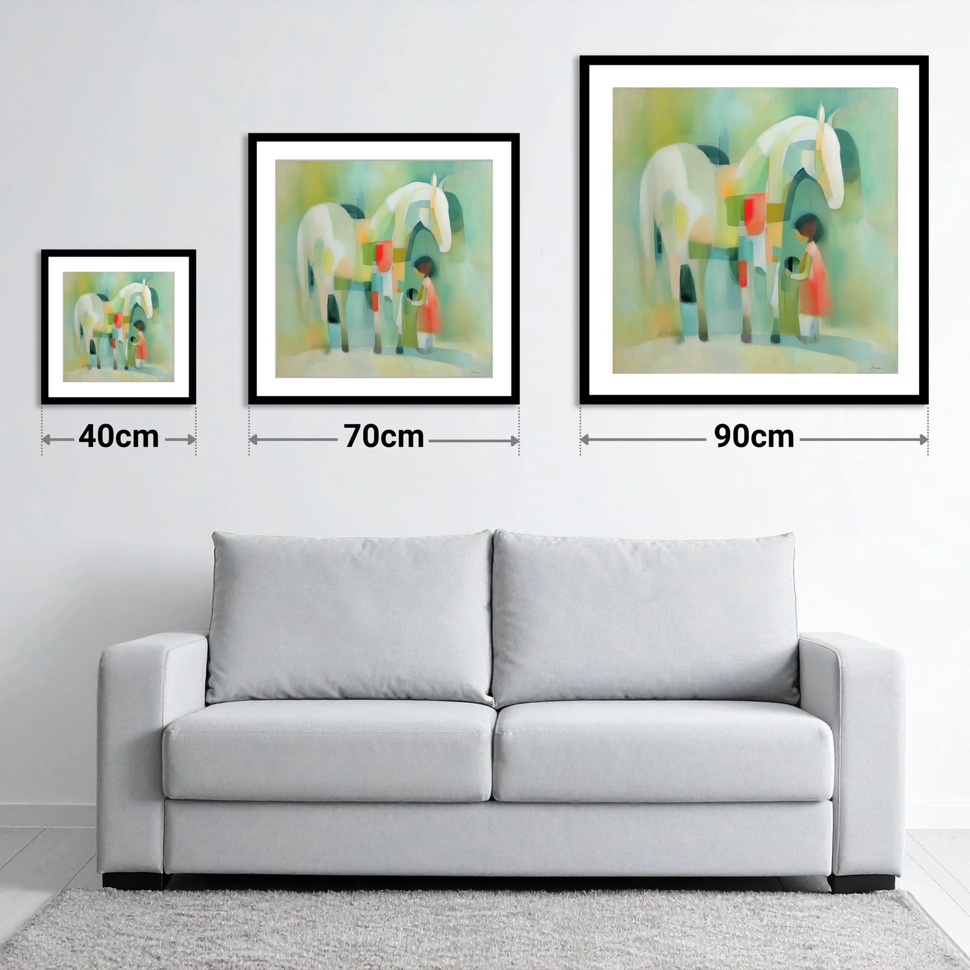 The Quiet Connection - size guide showing 40cm, 70cm and 90cm art prints
