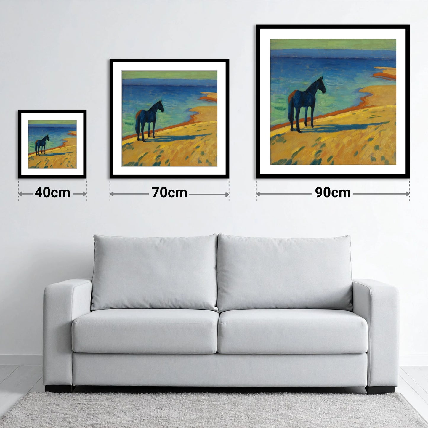 Shoreline Stillness - size guide showing 40cm, 70cm and 90cm art prints