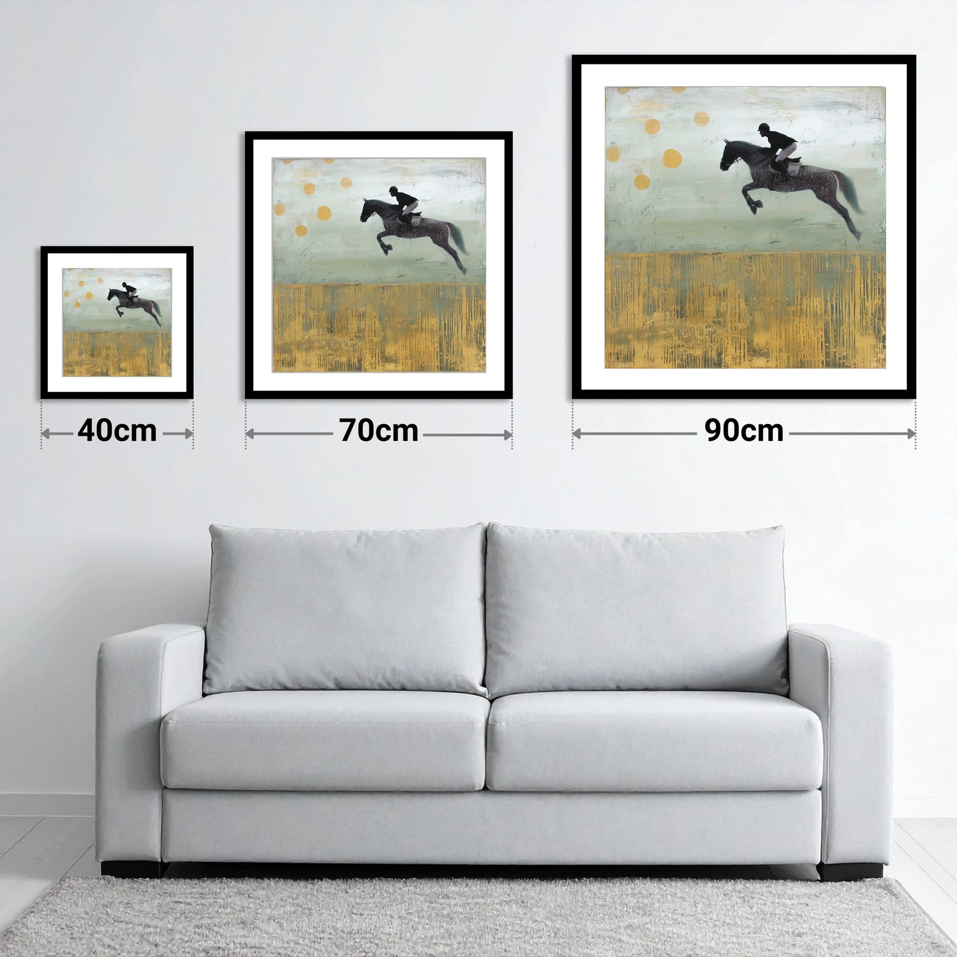 Gilded Flight - size guide showing 40cm, 70cm and 90cm art prints