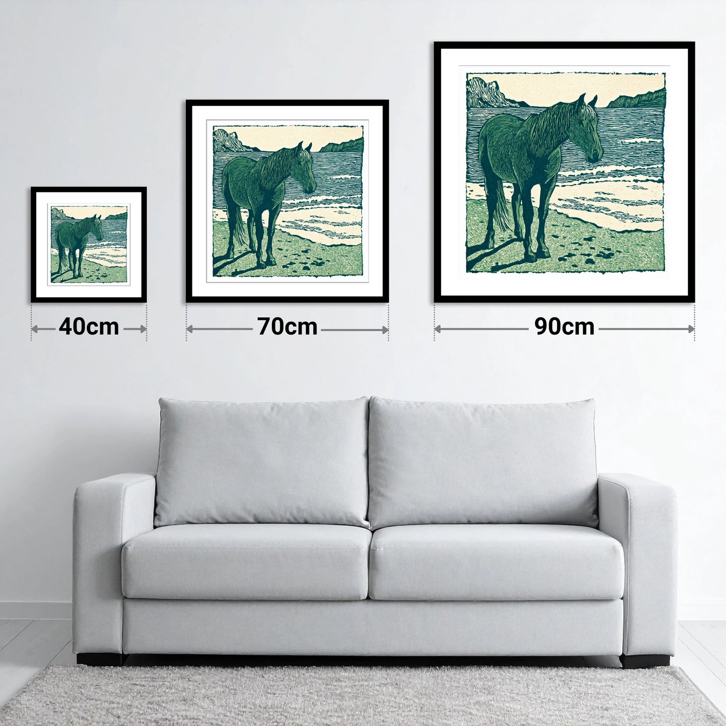 Shoreline Solitude - size guide showing 40cm, 70cm and 90cm art prints