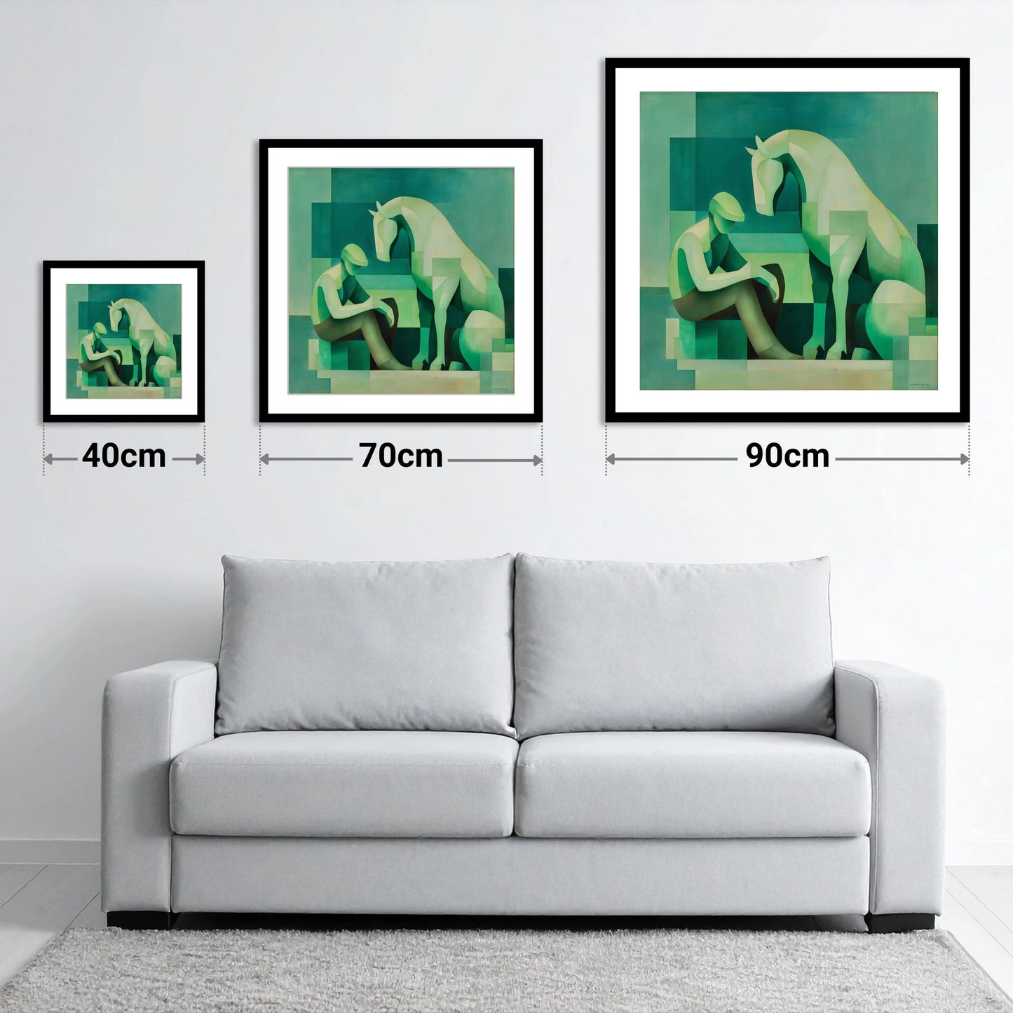 Silent Conversation - size guide showing 40cm, 70cm and 90cm art prints