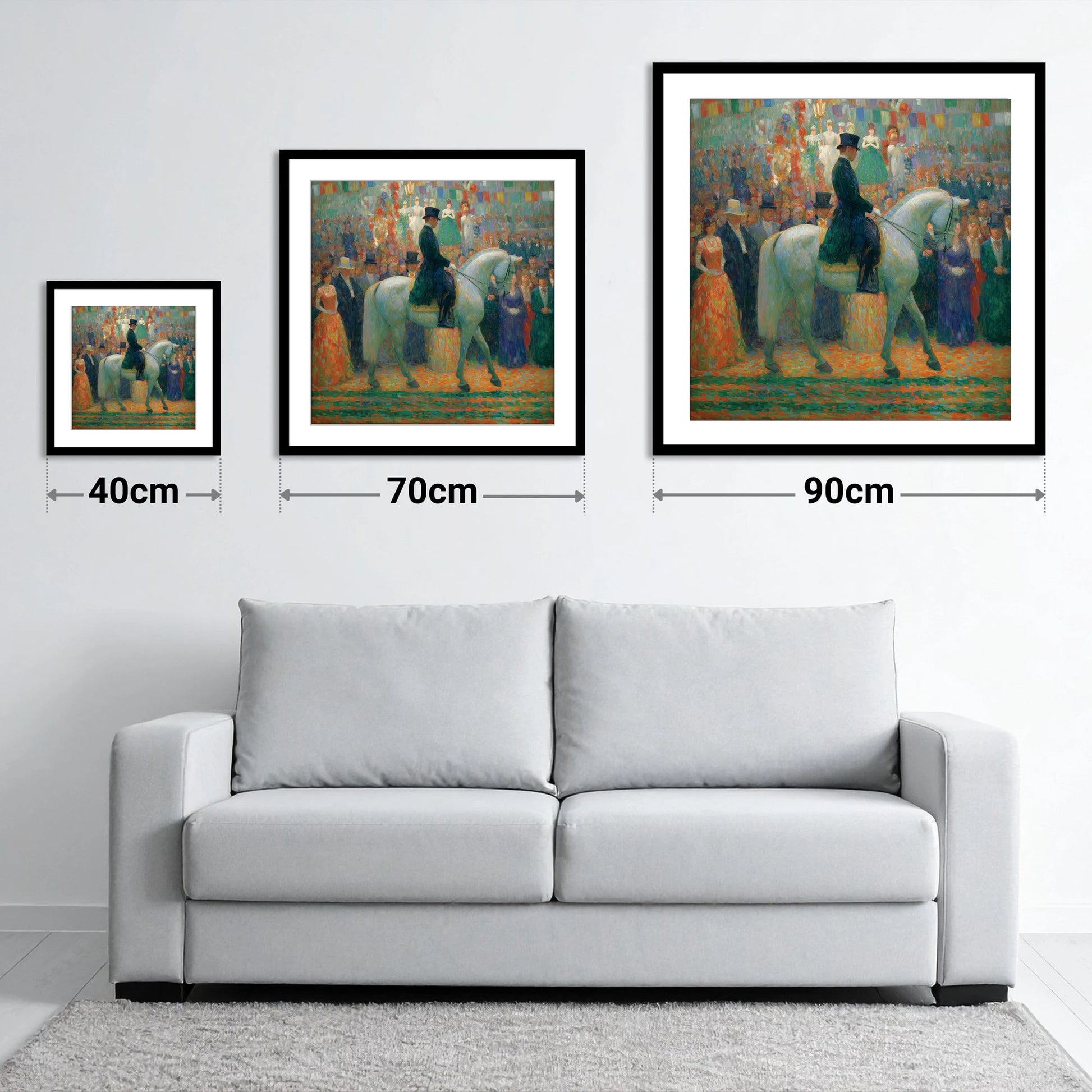The Gala Performance - size guide showing 40cm, 70cm and 90cm art prints