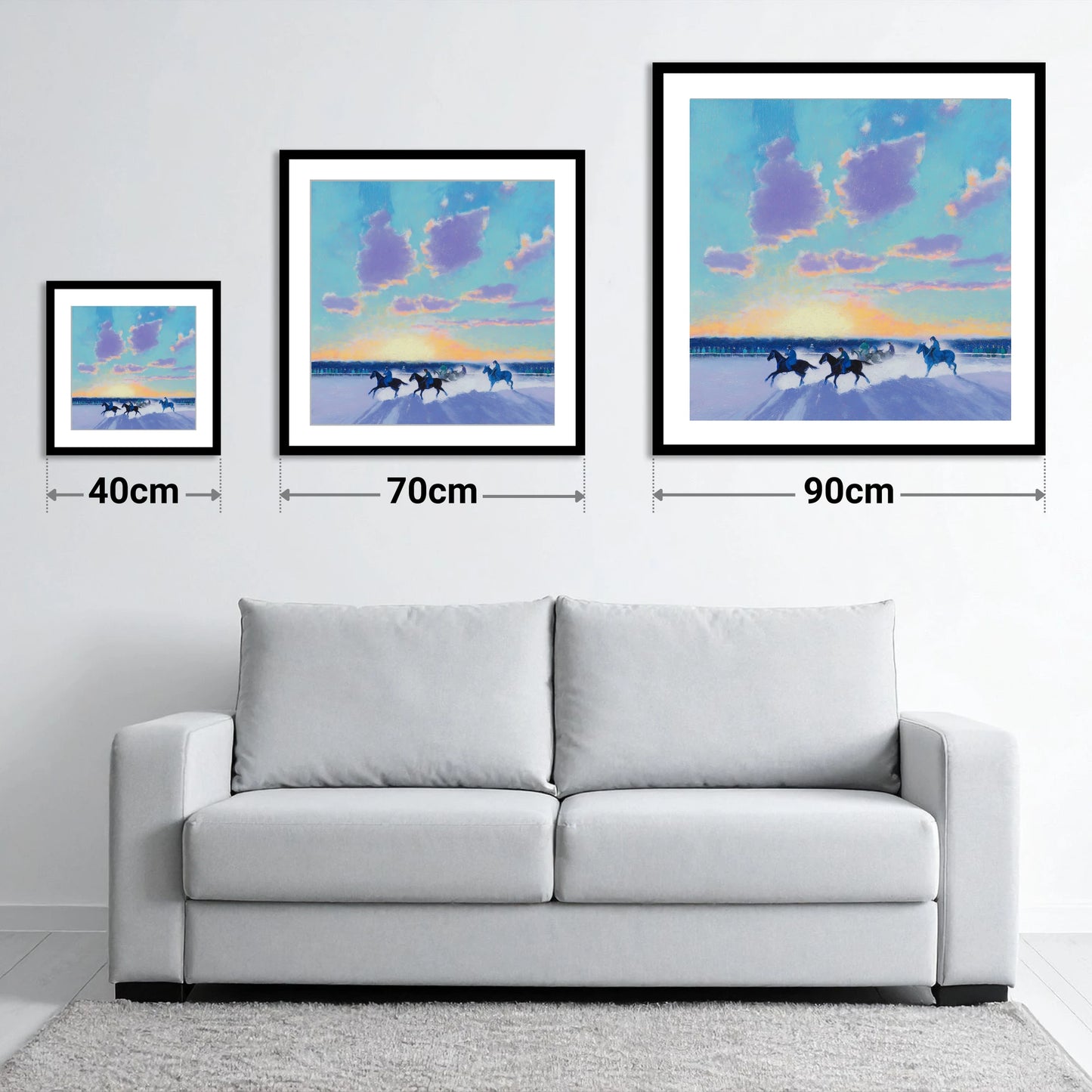 Winter Polo Dawn - size guide showing 40cm, 70cm and 90cm art prints
