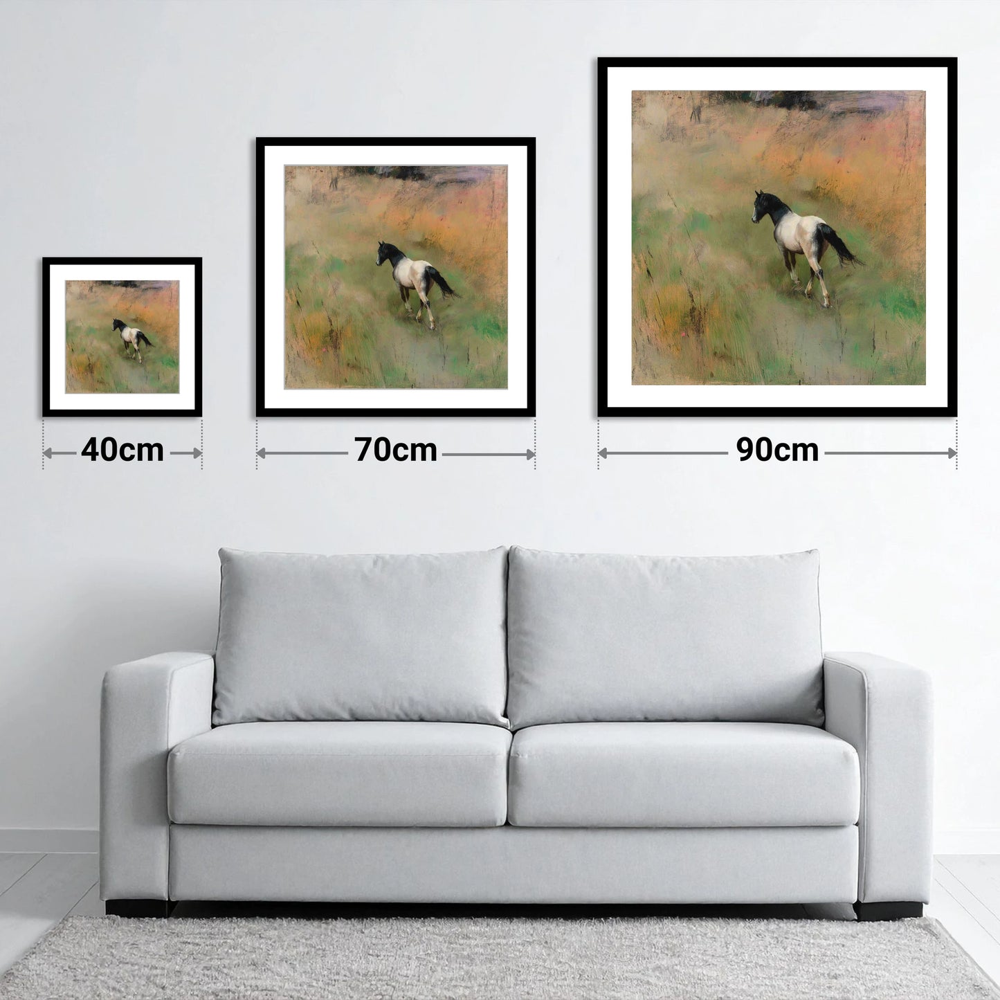 Through the Summer Grass - size guide showing 40cm, 70cm and 90cm art prints