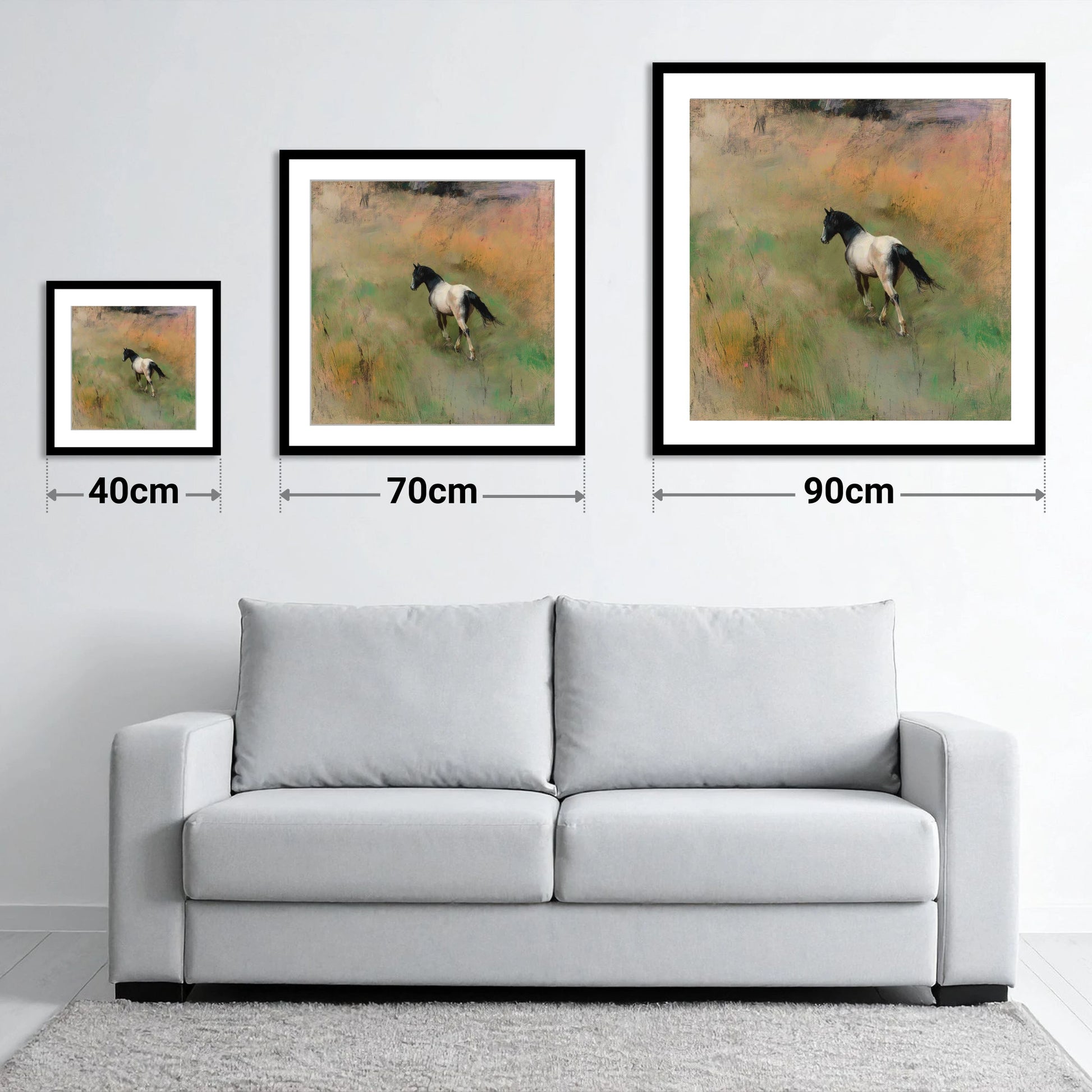 Through the Summer Grass - size guide showing 40cm, 70cm and 90cm art prints