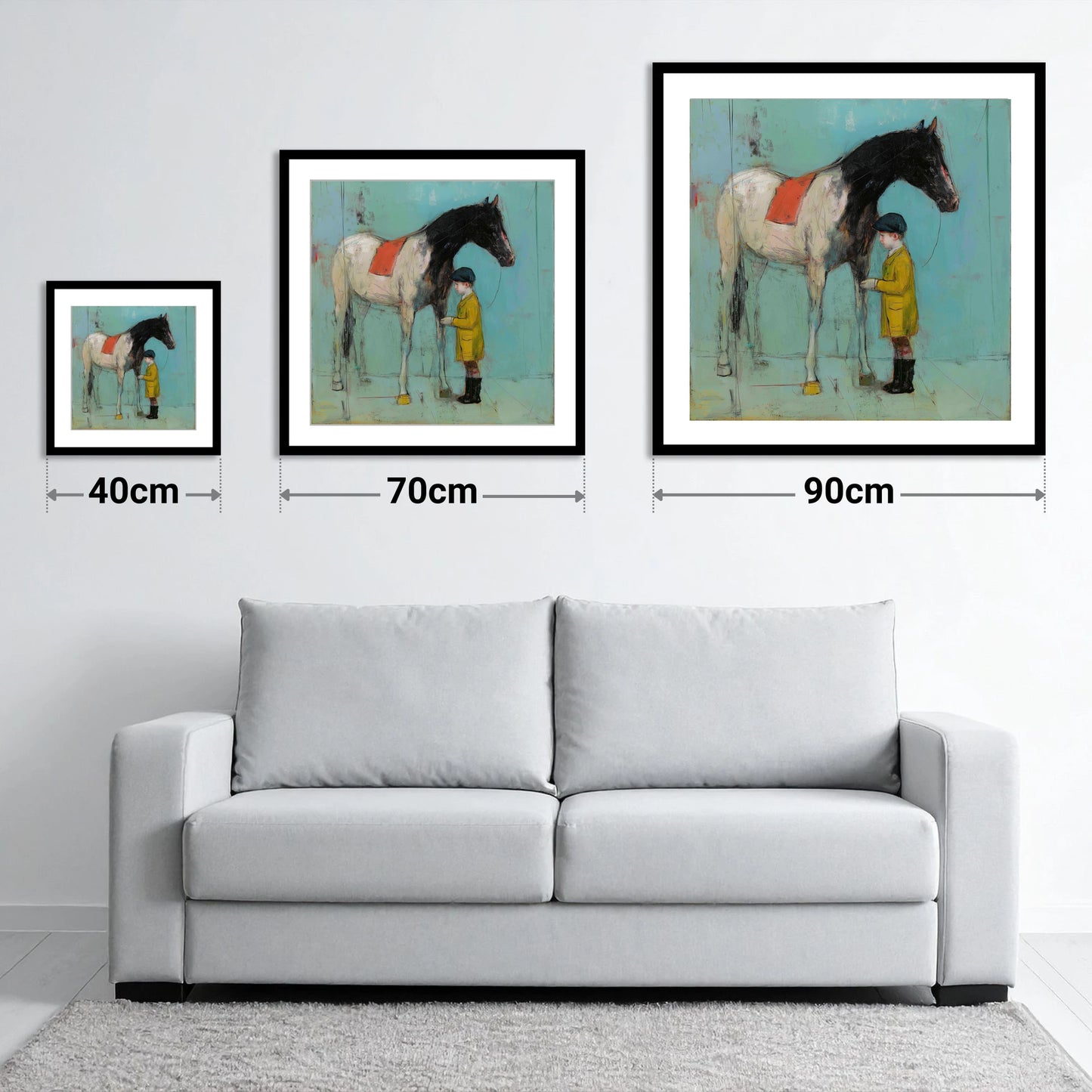 A Quiet Understanding - size guide showing 40cm, 70cm and 90cm art prints