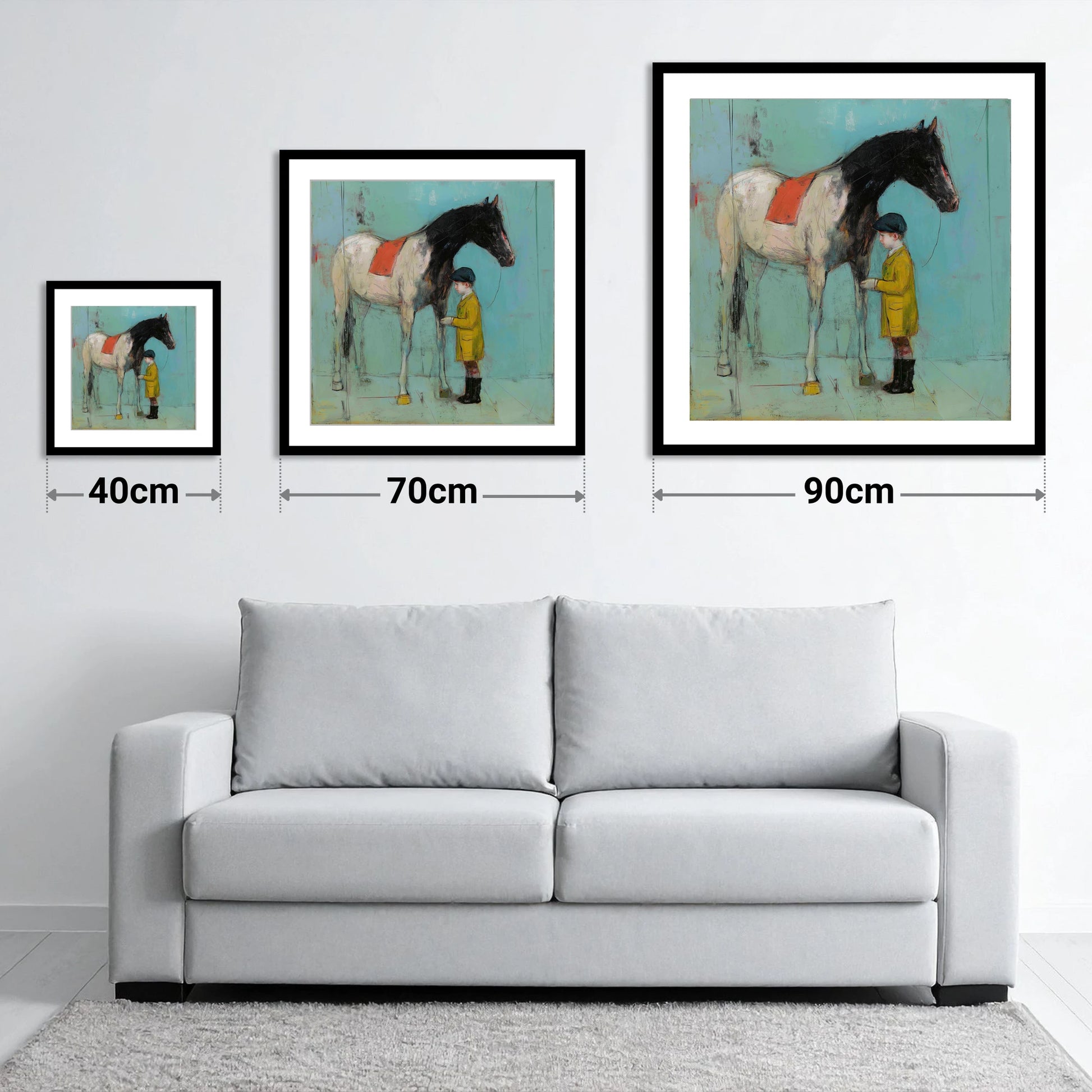 A Quiet Understanding - size guide showing 40cm, 70cm and 90cm art prints