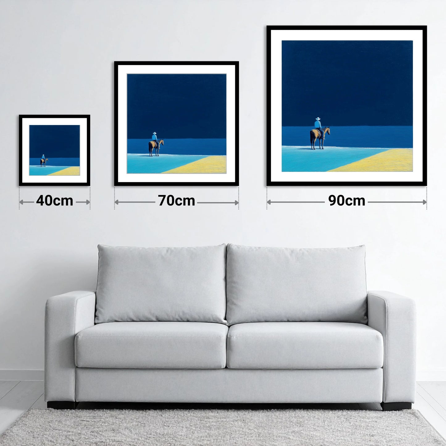 The Vast Blue - size guide showing 40cm, 70cm and 90cm art prints