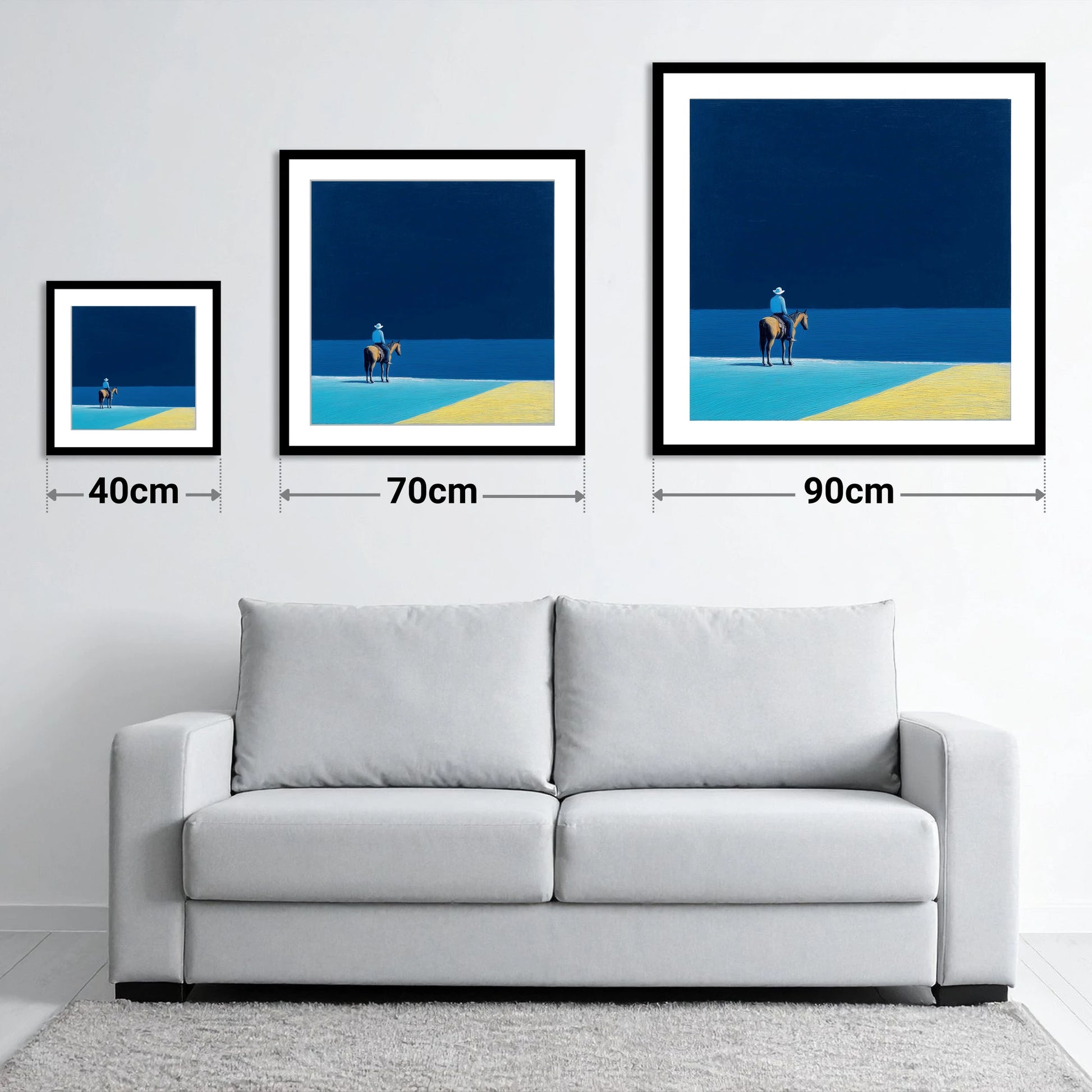 The Vast Blue - size guide showing 40cm, 70cm and 90cm art prints