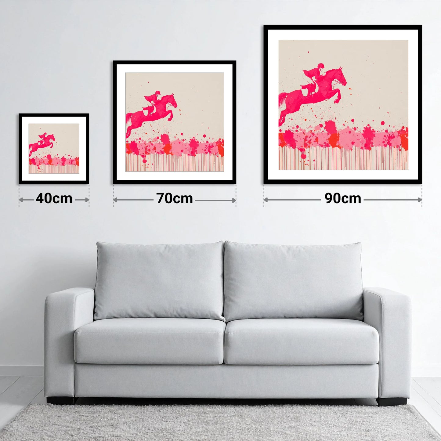 Magenta Flight - size guide showing 40cm, 70cm and 90cm art prints