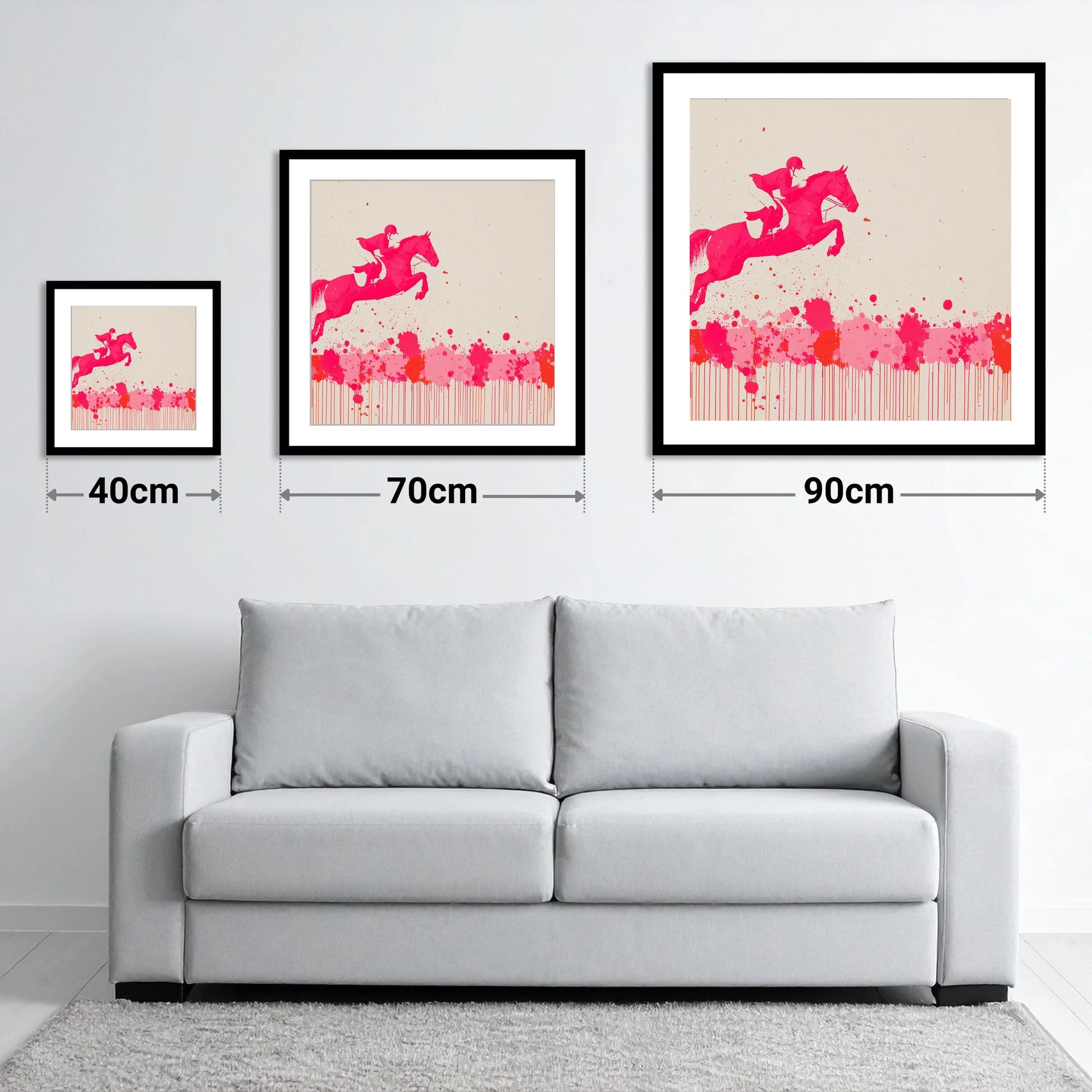 Magenta Flight - size guide showing 40cm, 70cm and 90cm art prints