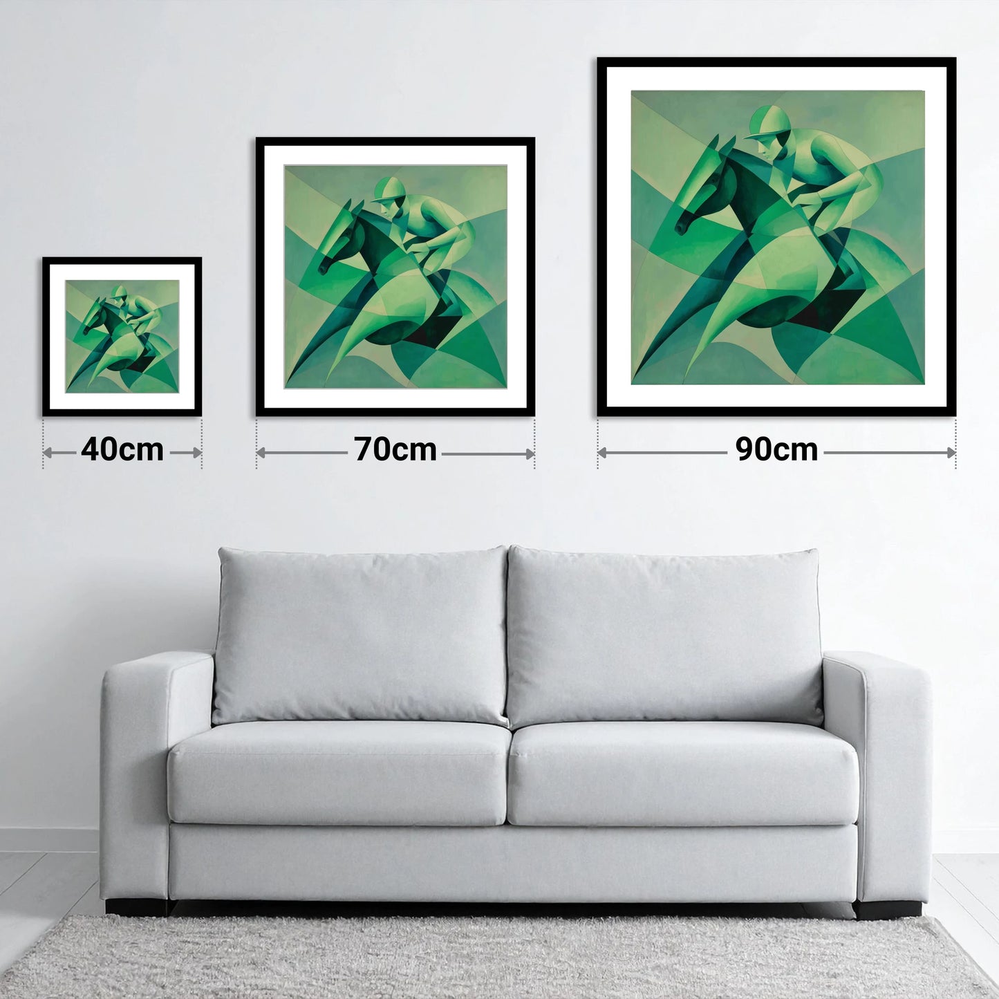 Emerald Racing Form - size guide showing 40cm, 70cm and 90cm art prints