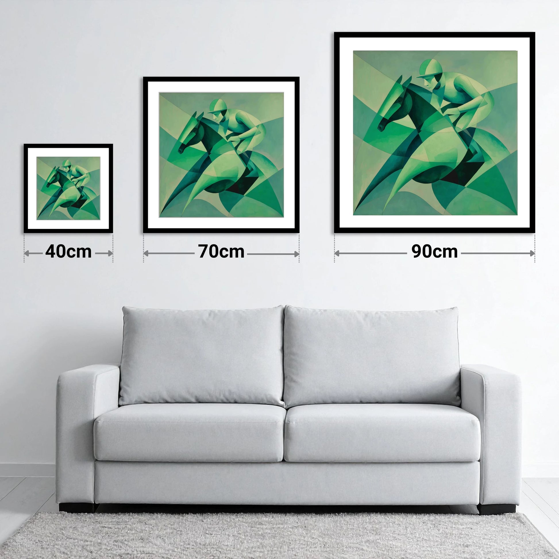 Emerald Racing Form - size guide showing 40cm, 70cm and 90cm art prints