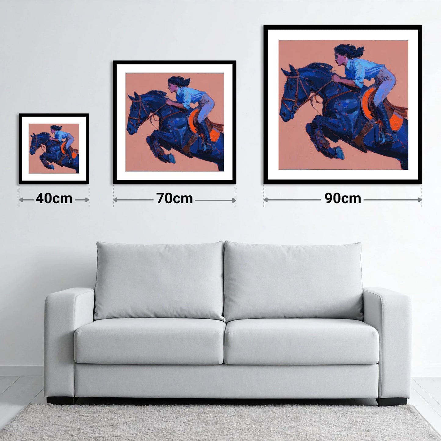 Indigo Flight - size guide showing 40cm, 70cm and 90cm art prints