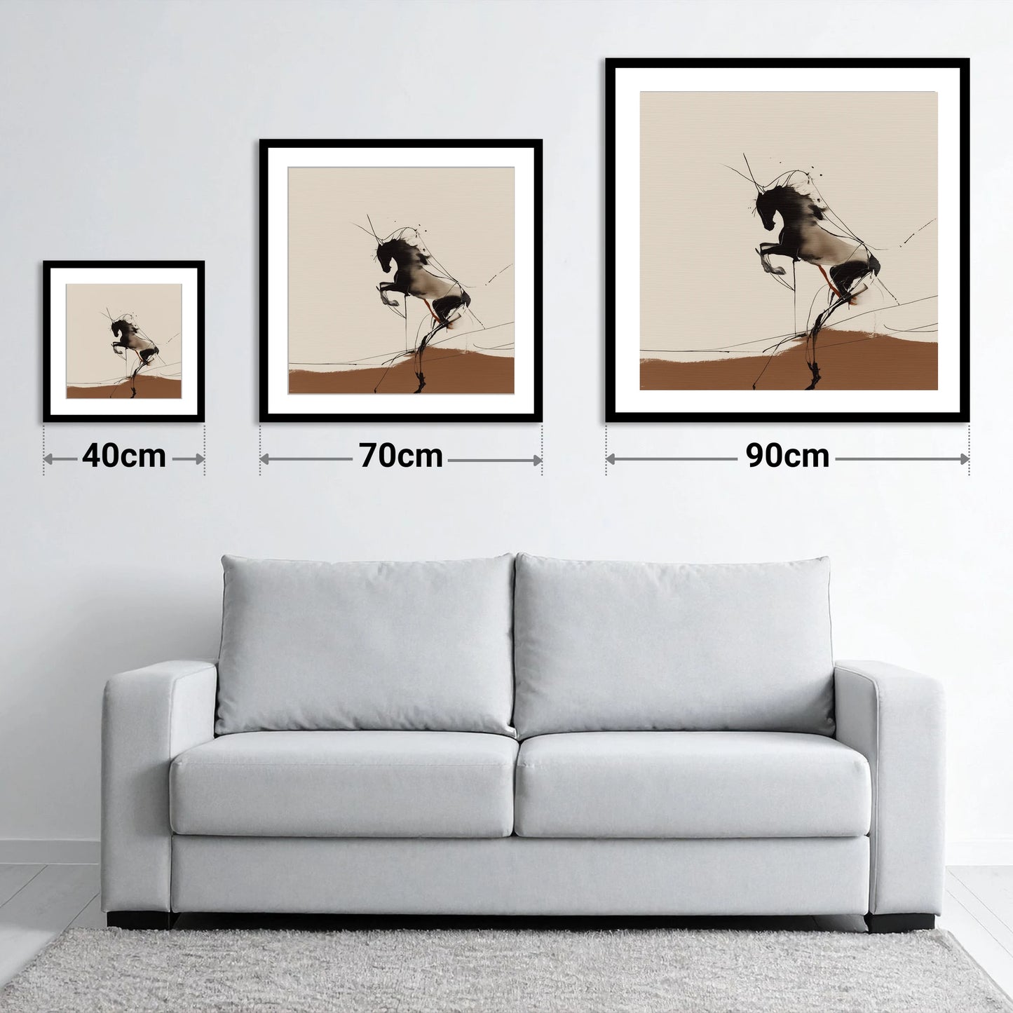 Dynamic Rearing Form - size guide showing 40cm, 70cm and 90cm art prints
