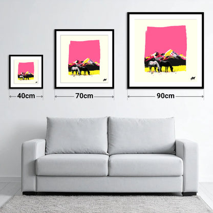 Vibrant Mountain Pastures - size guide showing 40cm, 70cm and 90cm art prints
