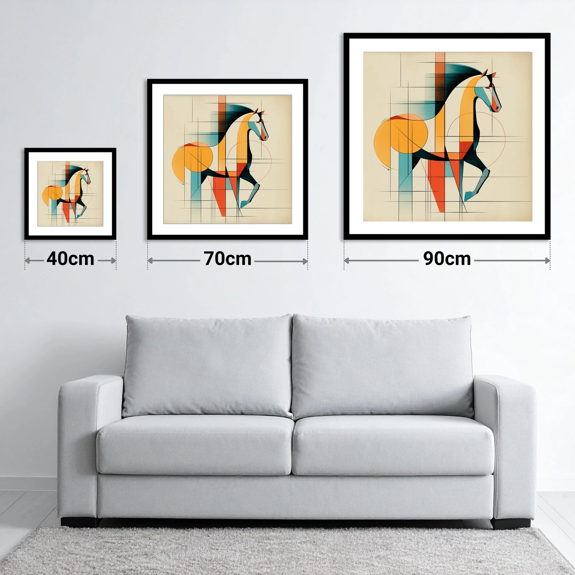 Geometric Equine Profile - size guide showing 40cm, 70cm and 90cm art prints