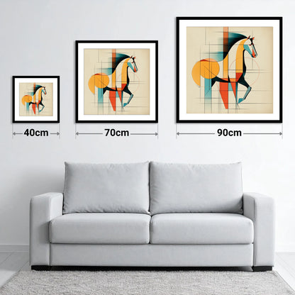 Geometric Equine Profile - size guide showing 40cm, 70cm and 90cm art prints