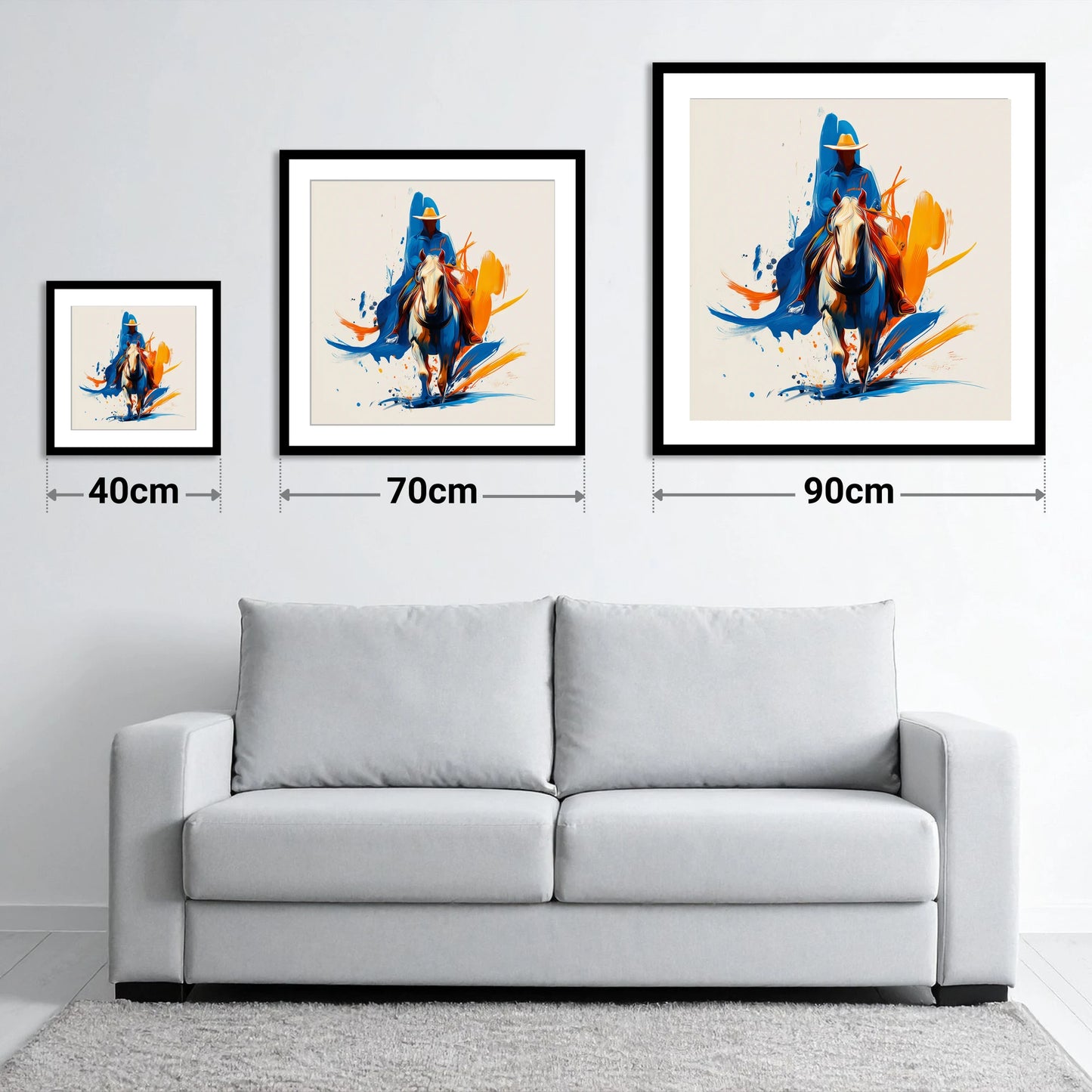 Frontier Spirit in Motion - size guide showing 40cm, 70cm and 90cm art prints