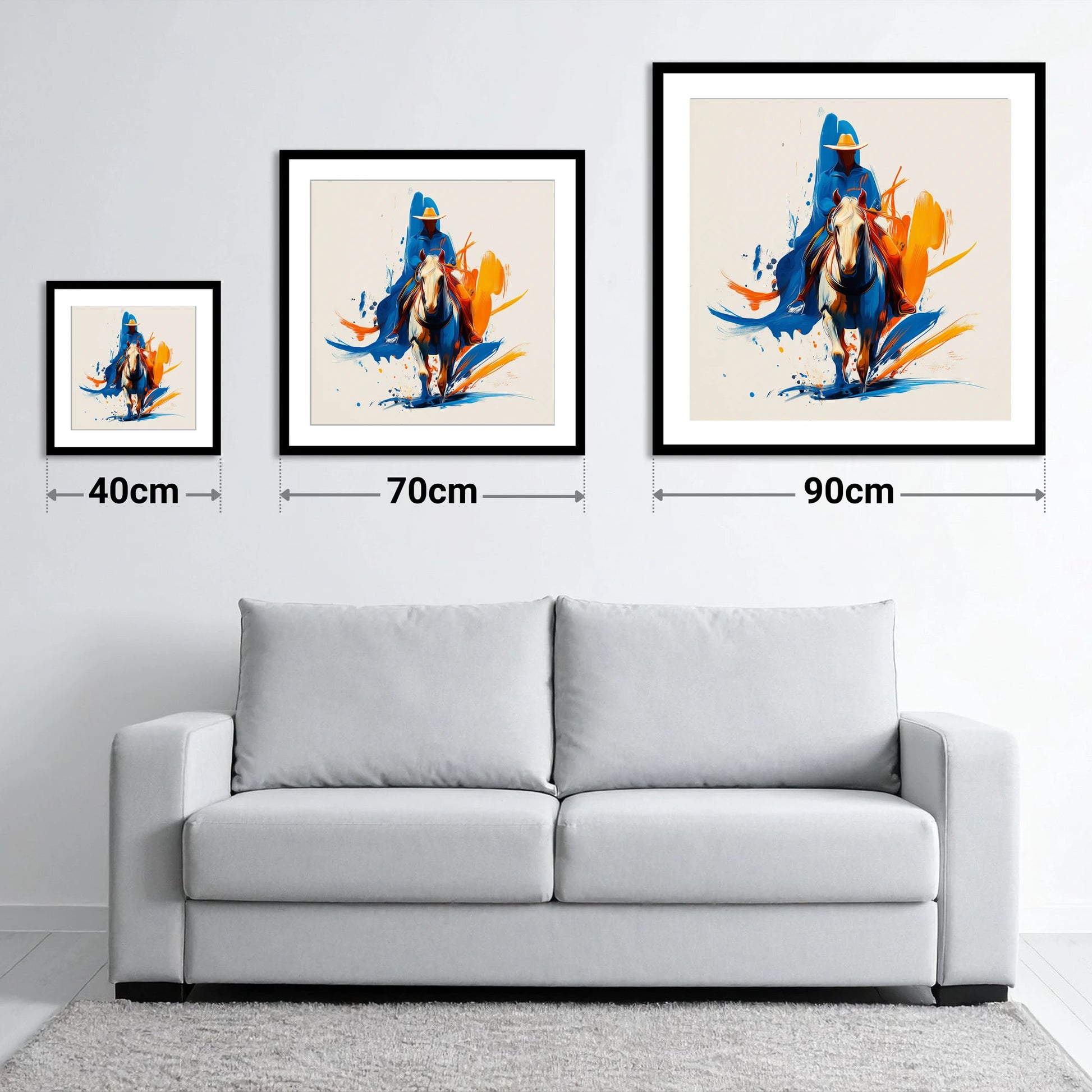 Frontier Spirit in Motion - size guide showing 40cm, 70cm and 90cm art prints