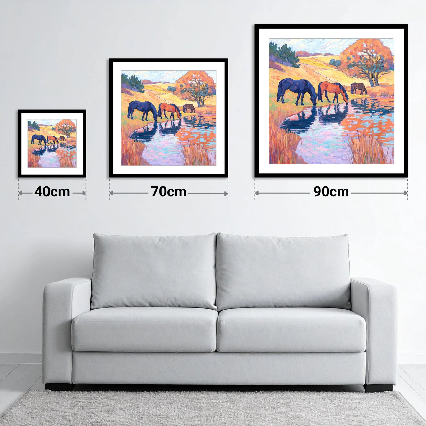 Painted Pasture Reflections - size guide showing 40cm, 70cm and 90cm art prints