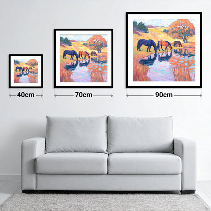 Painted Pasture Reflections - size guide showing 40cm, 70cm and 90cm art prints