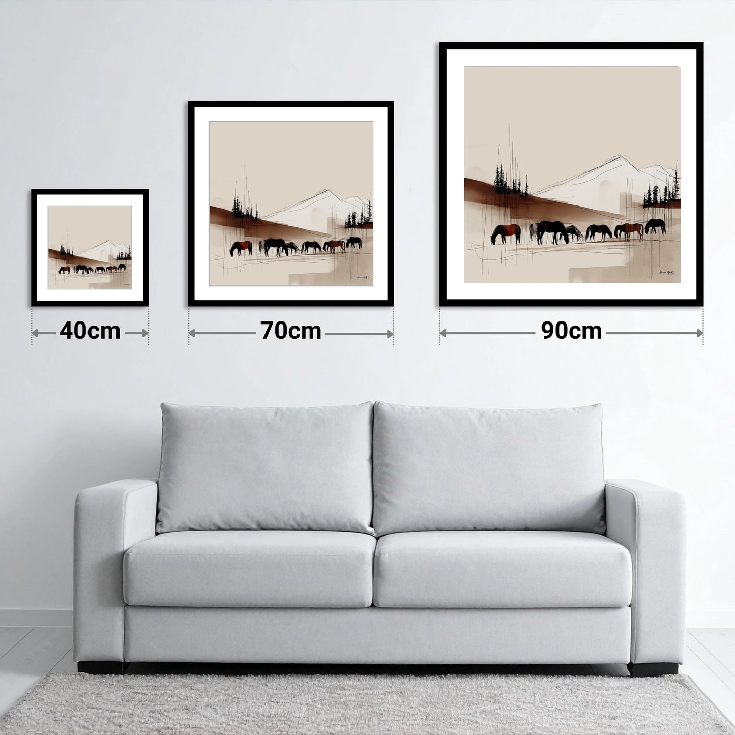 Tranquil Grazing Herd - size guide showing 40cm, 70cm and 90cm art prints