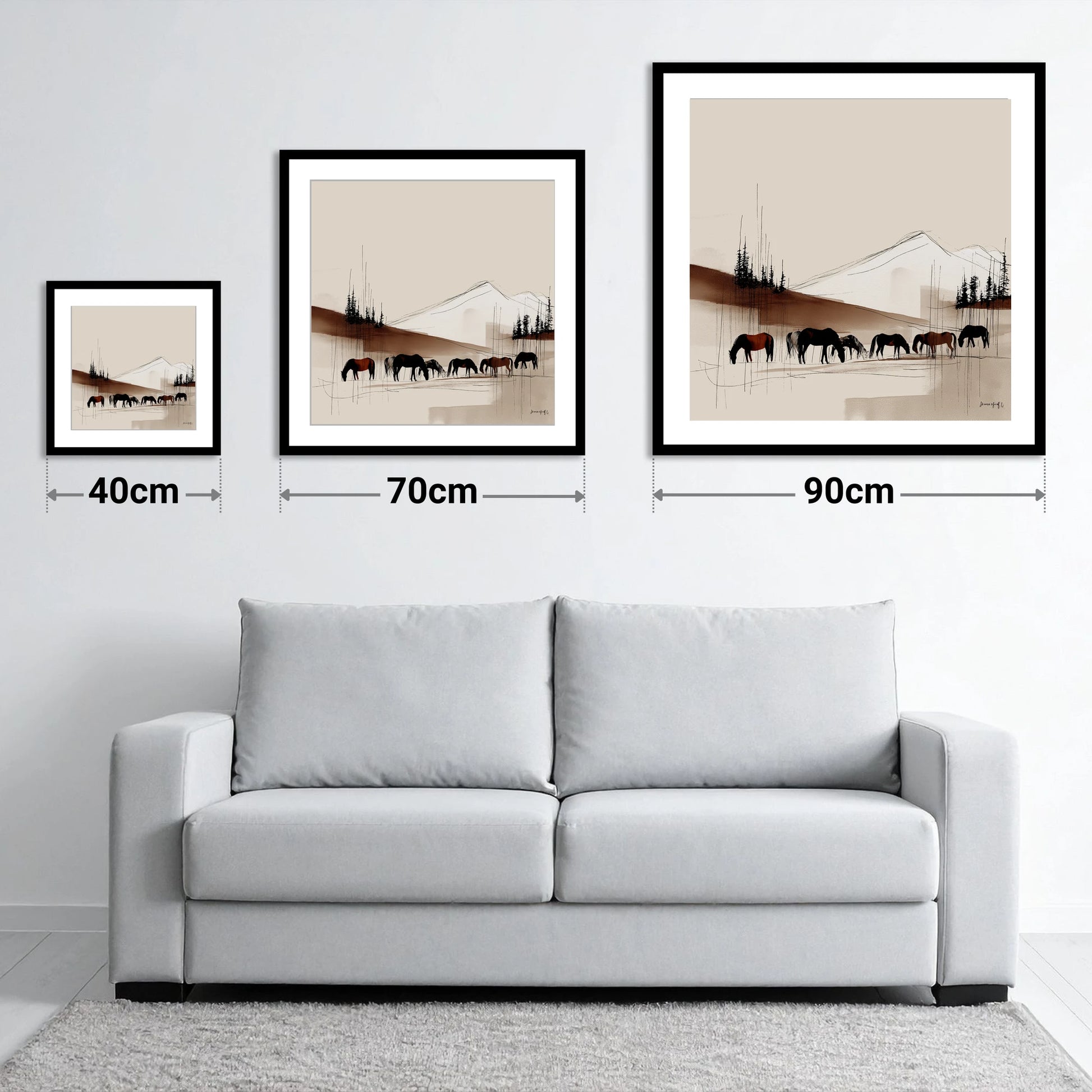 Tranquil Grazing Herd - size guide showing 40cm, 70cm and 90cm art prints
