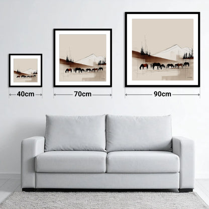 Tranquil Grazing Herd - size guide showing 40cm, 70cm and 90cm art prints