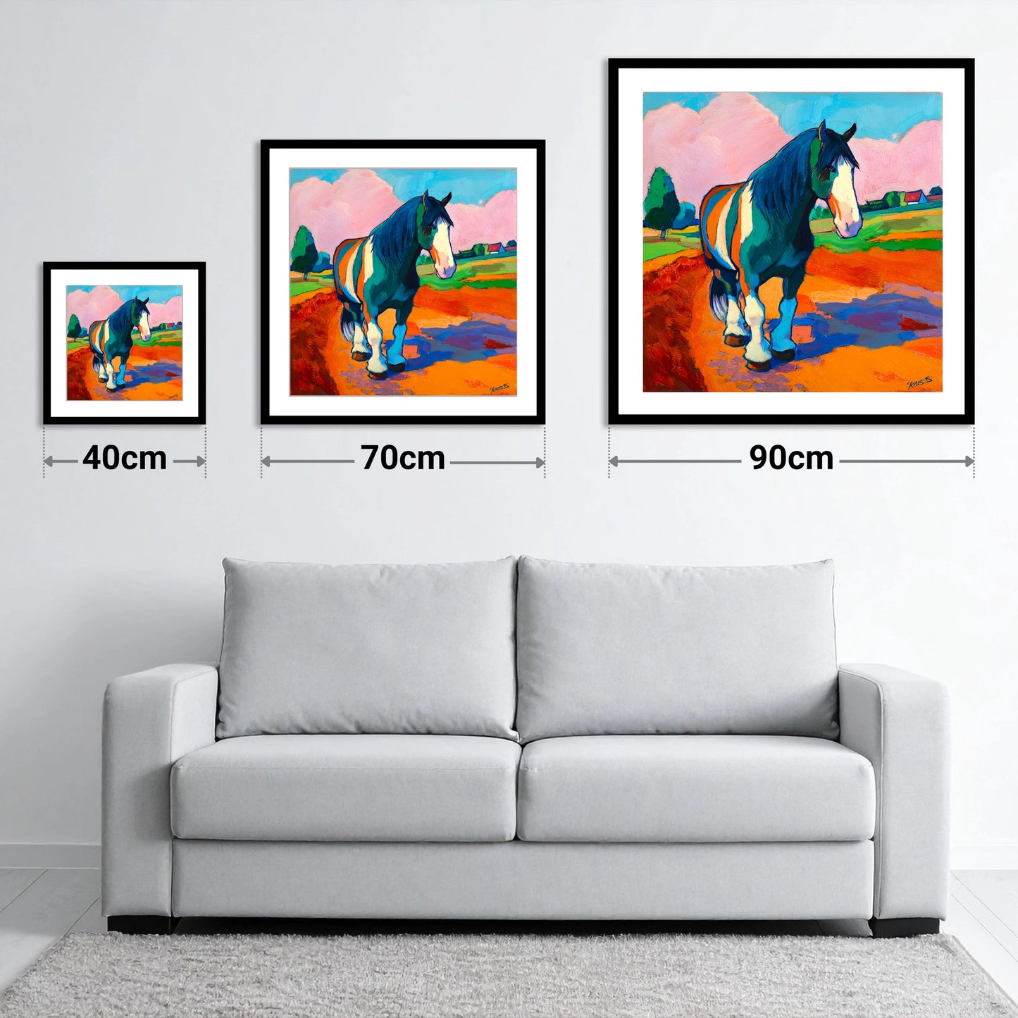 Vibrant Coloured Cob - size guide showing 40cm, 70cm and 90cm art prints