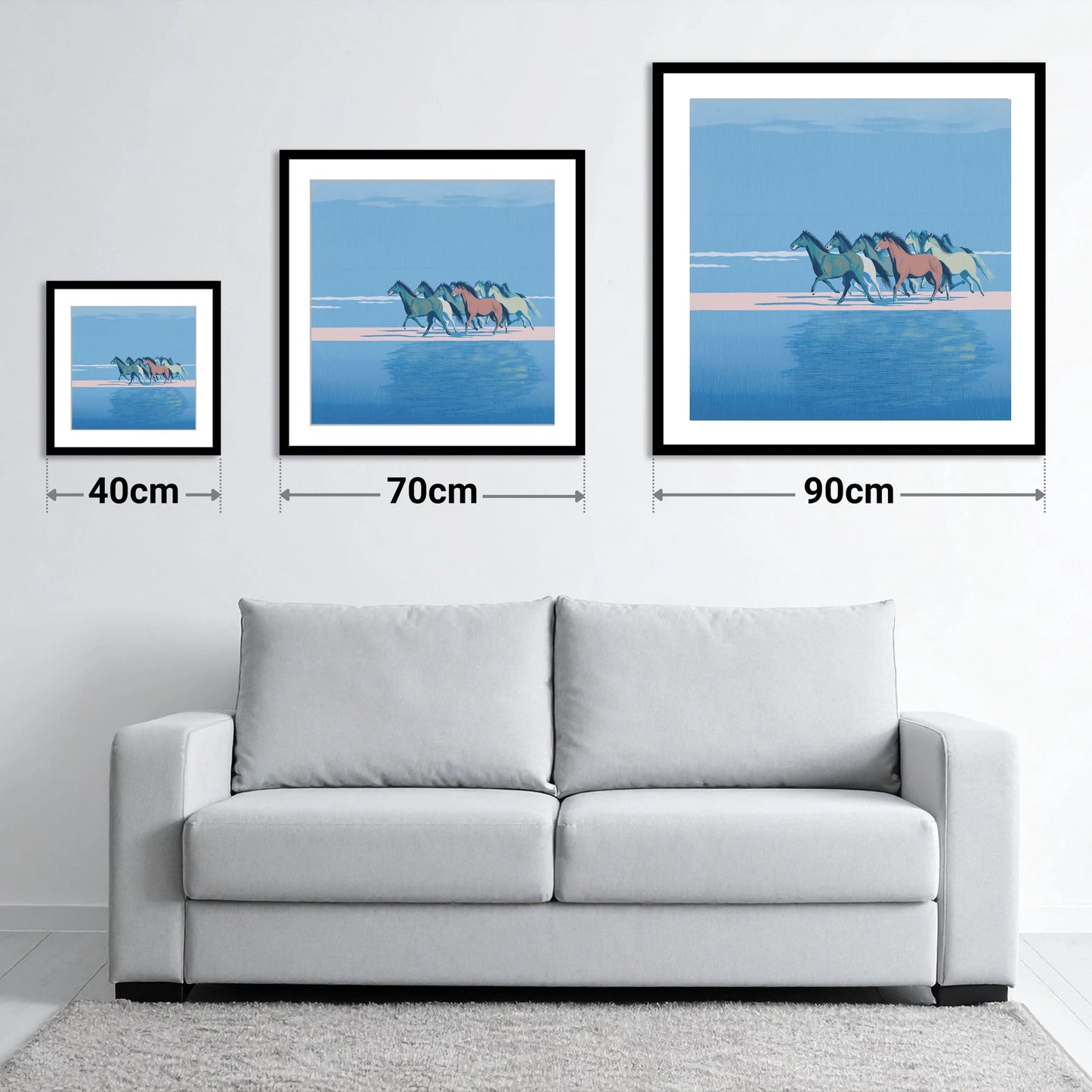 Coastal Canter - size guide showing 40cm, 70cm and 90cm art prints