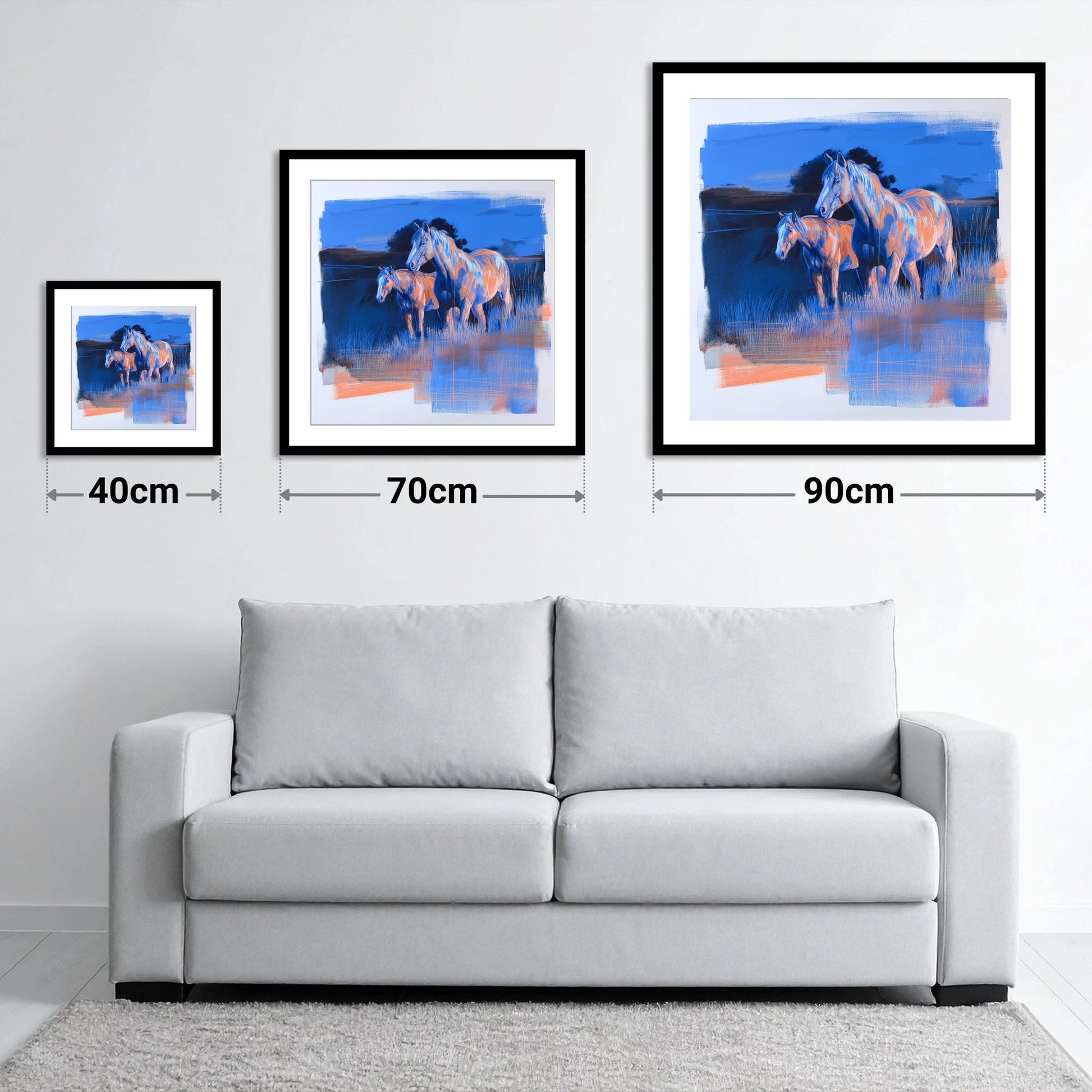 Twilight Companions - size guide showing 40cm, 70cm and 90cm art prints