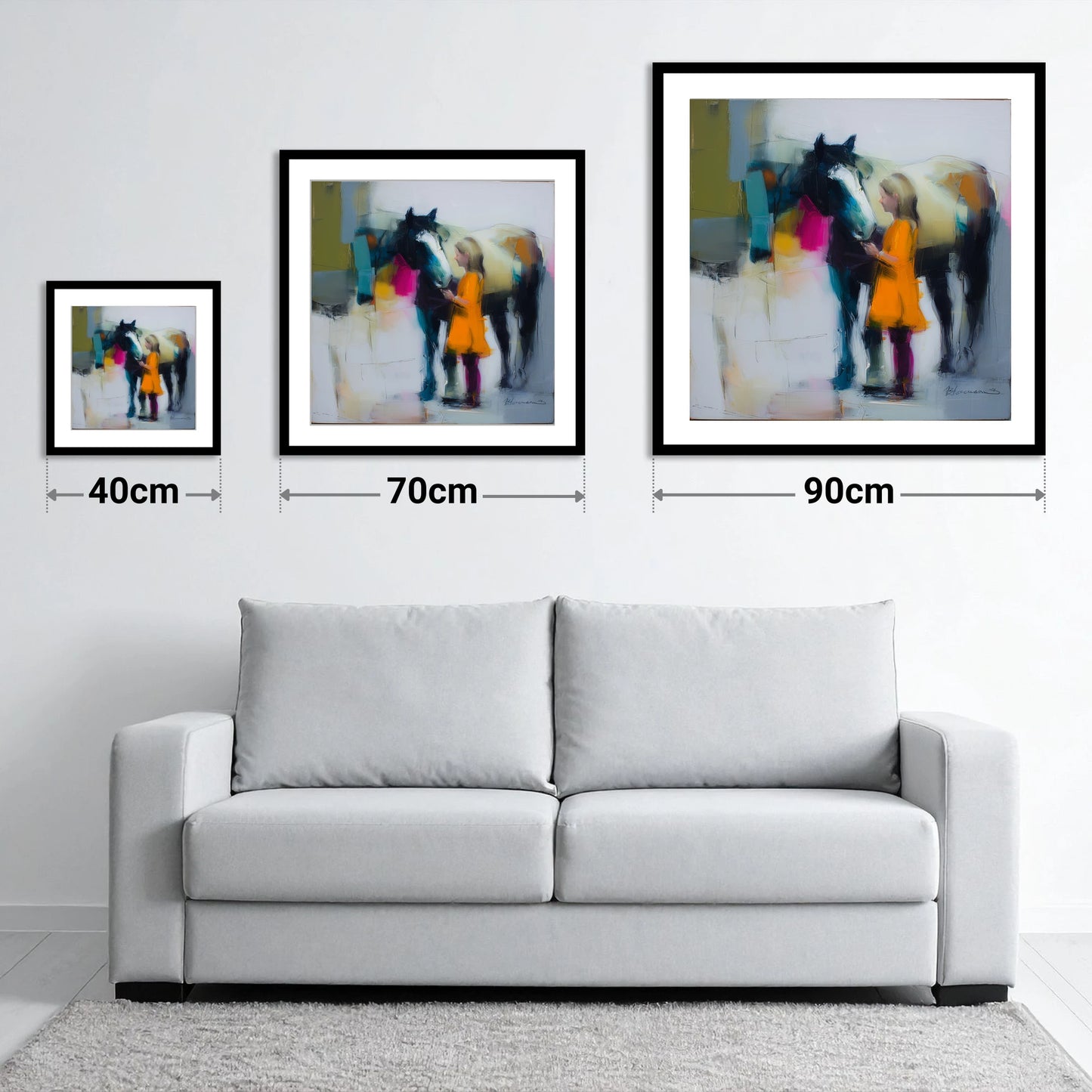 Vibrant Connection - size guide showing 40cm, 70cm and 90cm art prints