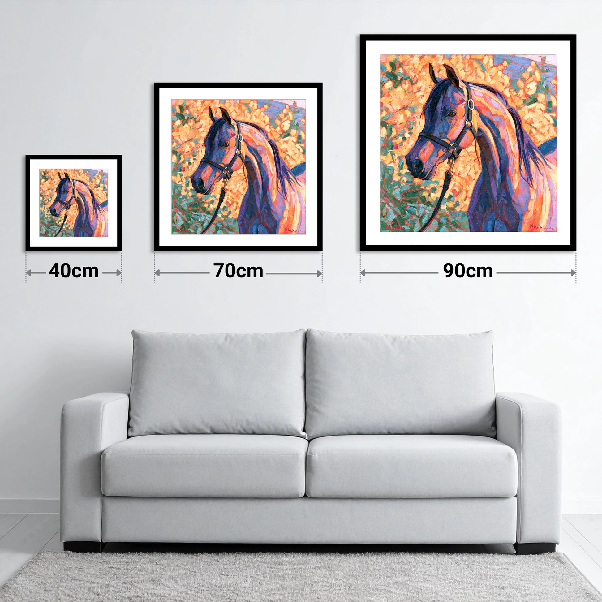 Arabian Horse in Vibrant Colours - size guide showing 40cm, 70cm and 90cm art prints