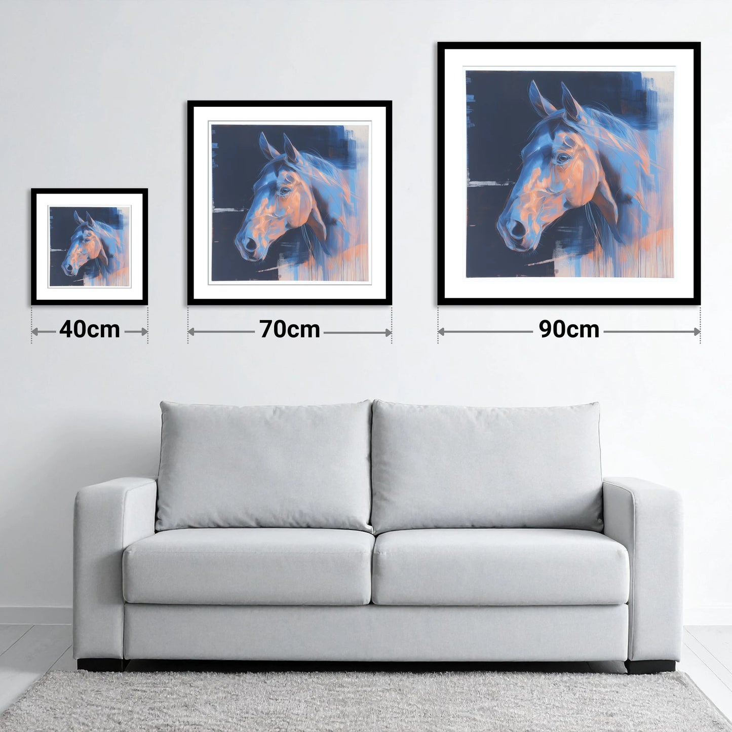 Cobalt and Copper Gaze - size guide showing 40cm, 70cm and 90cm art prints