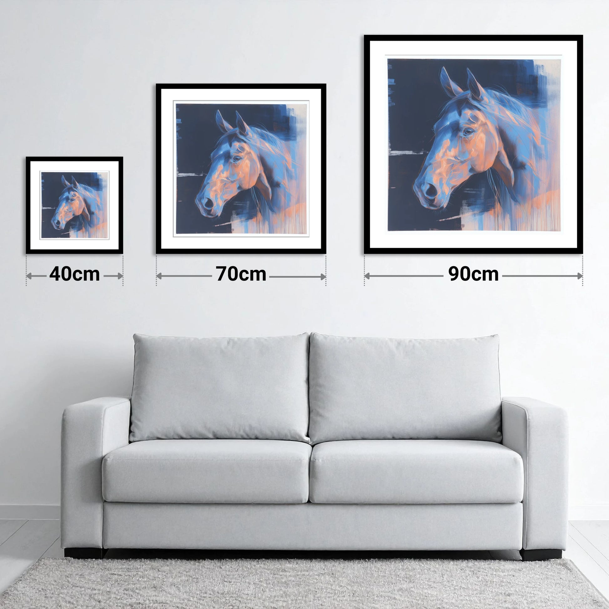Cobalt and Copper Gaze - size guide showing 40cm, 70cm and 90cm art prints
