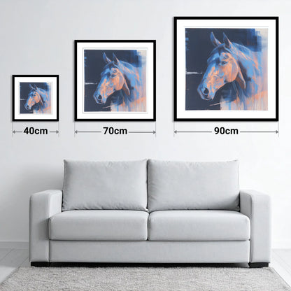 Cobalt and Copper Gaze - size guide showing 40cm, 70cm and 90cm art prints