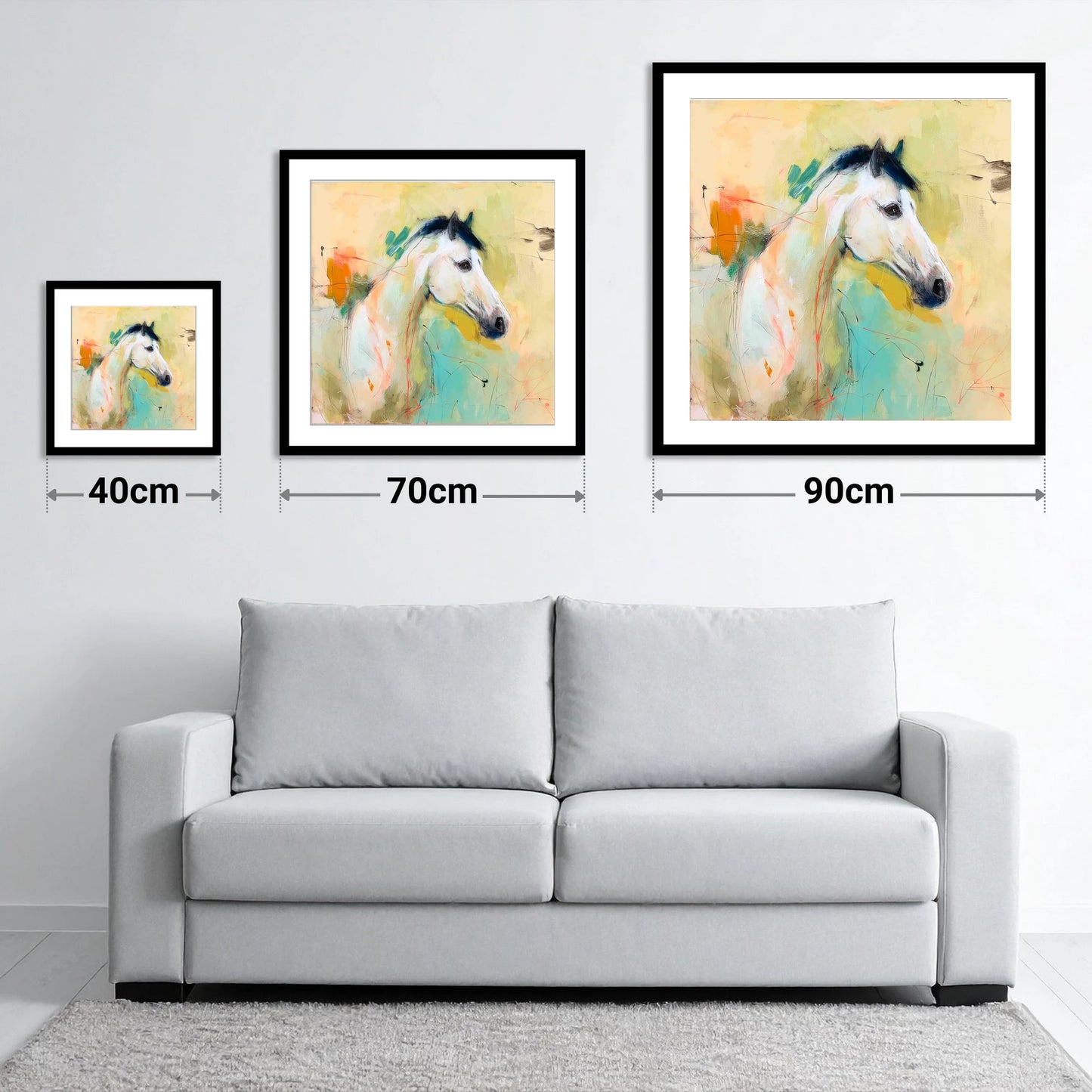 Gestural Grey Portrait - size guide showing 40cm, 70cm and 90cm art prints