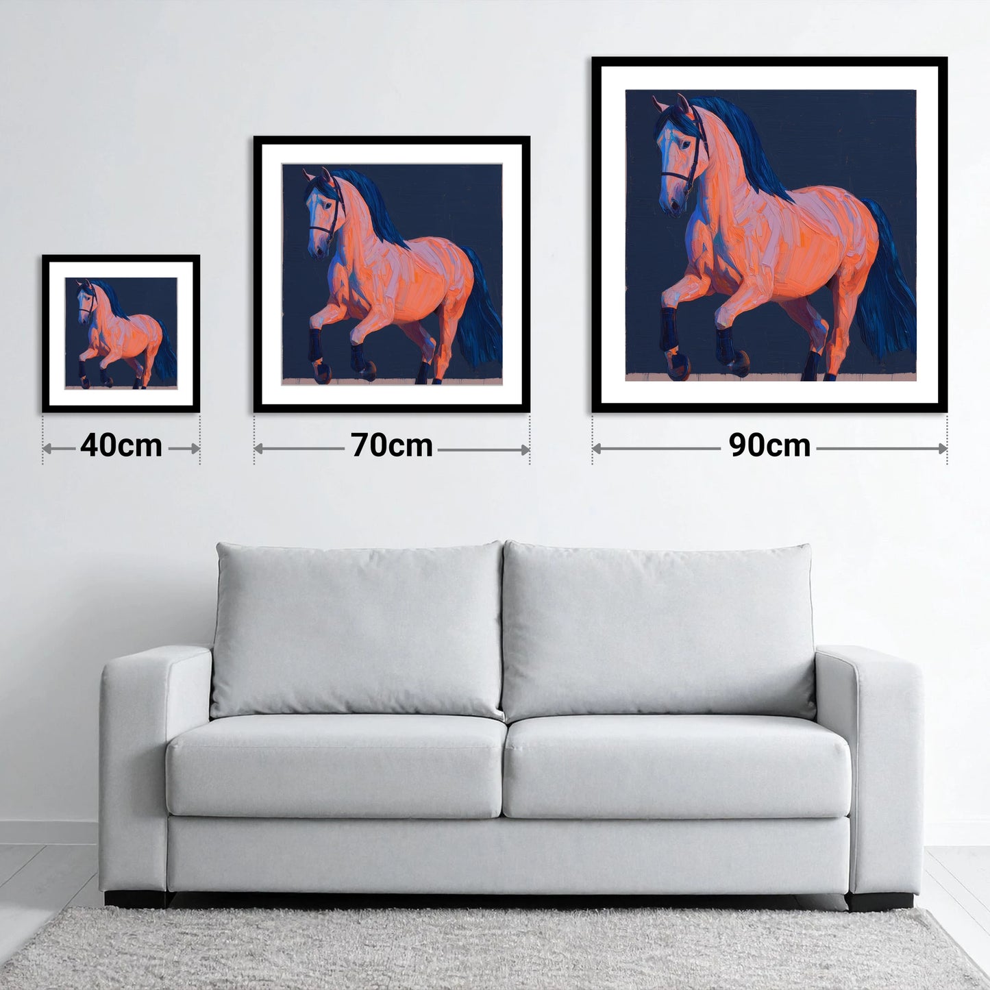 Vibrant Dressage Equine - size guide showing 40cm, 70cm and 90cm art prints