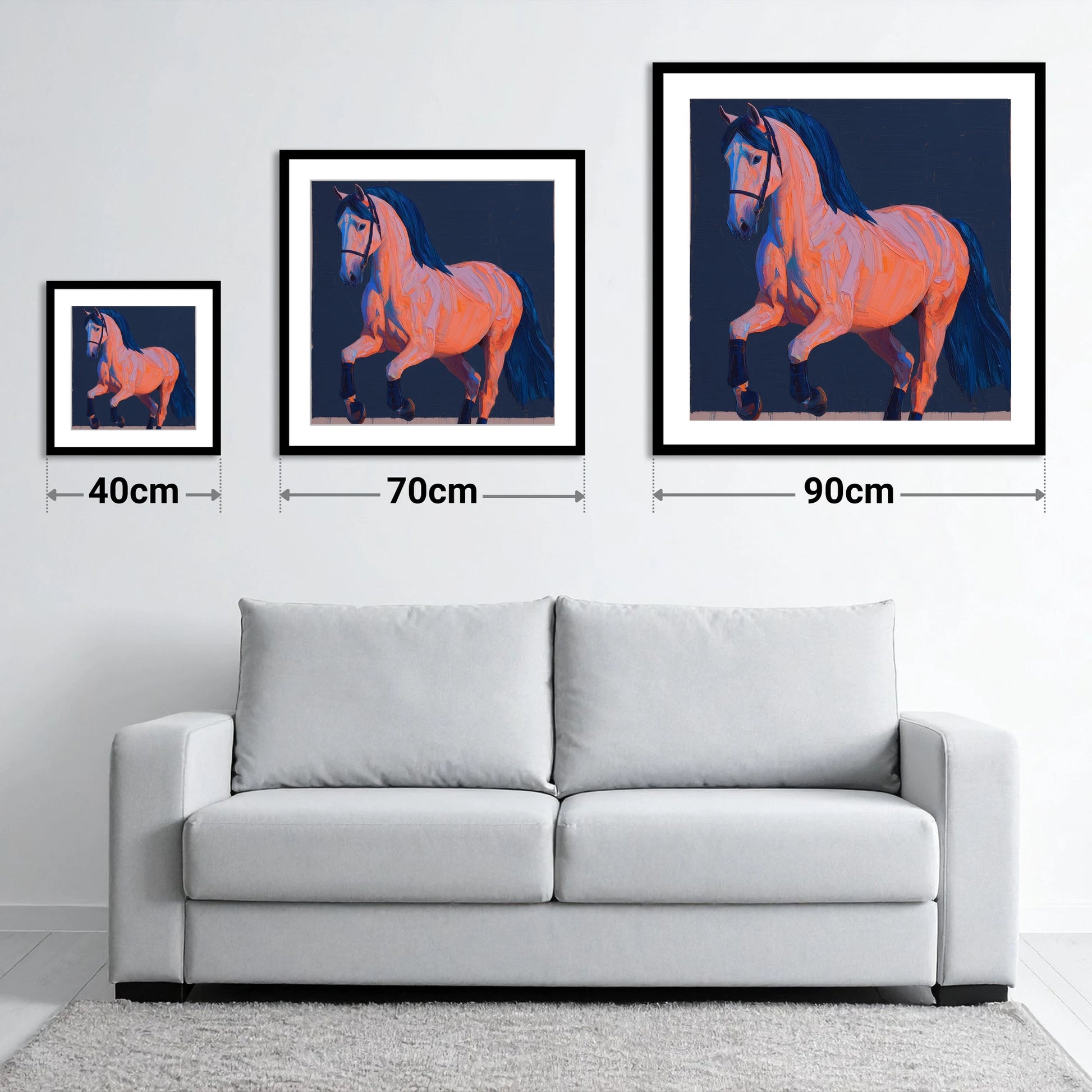 Vibrant Dressage Equine - size guide showing 40cm, 70cm and 90cm art prints