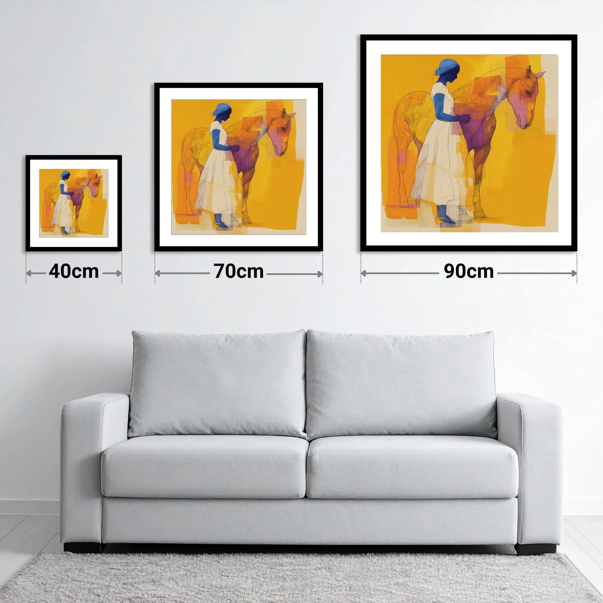 Structured Harmony - size guide showing 40cm, 70cm and 90cm art prints