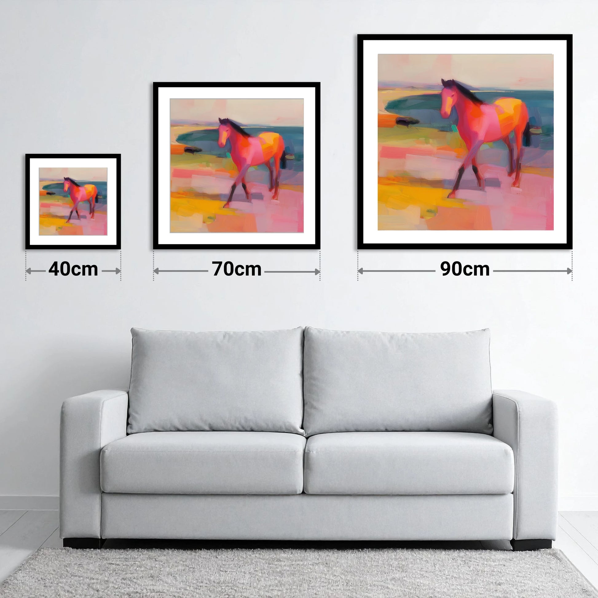 Vibrant Painted Stride - size guide showing 40cm, 70cm and 90cm art prints