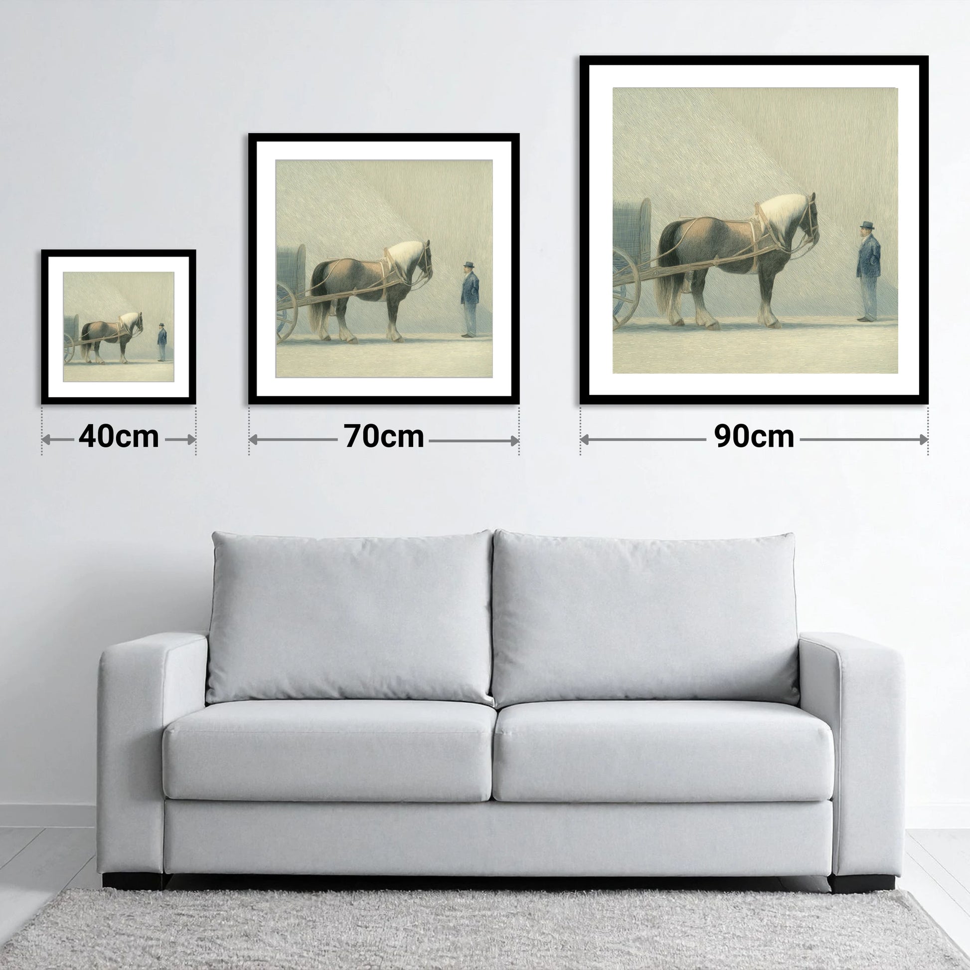 A Shared Resolve - size guide showing 40cm, 70cm and 90cm art prints