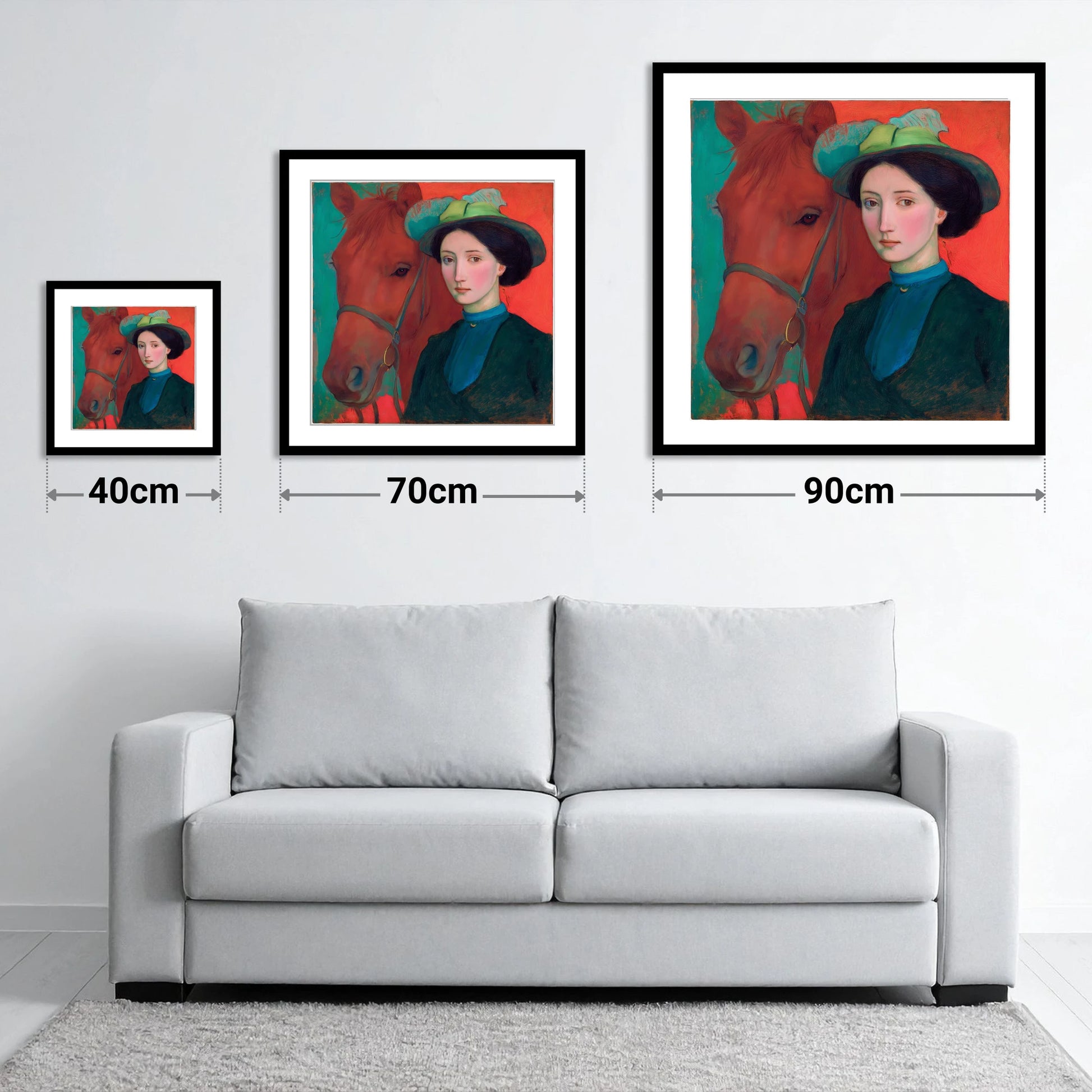 Crimson and Teal Bond - size guide showing 40cm, 70cm and 90cm art prints