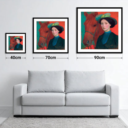 Crimson and Teal Bond - size guide showing 40cm, 70cm and 90cm art prints