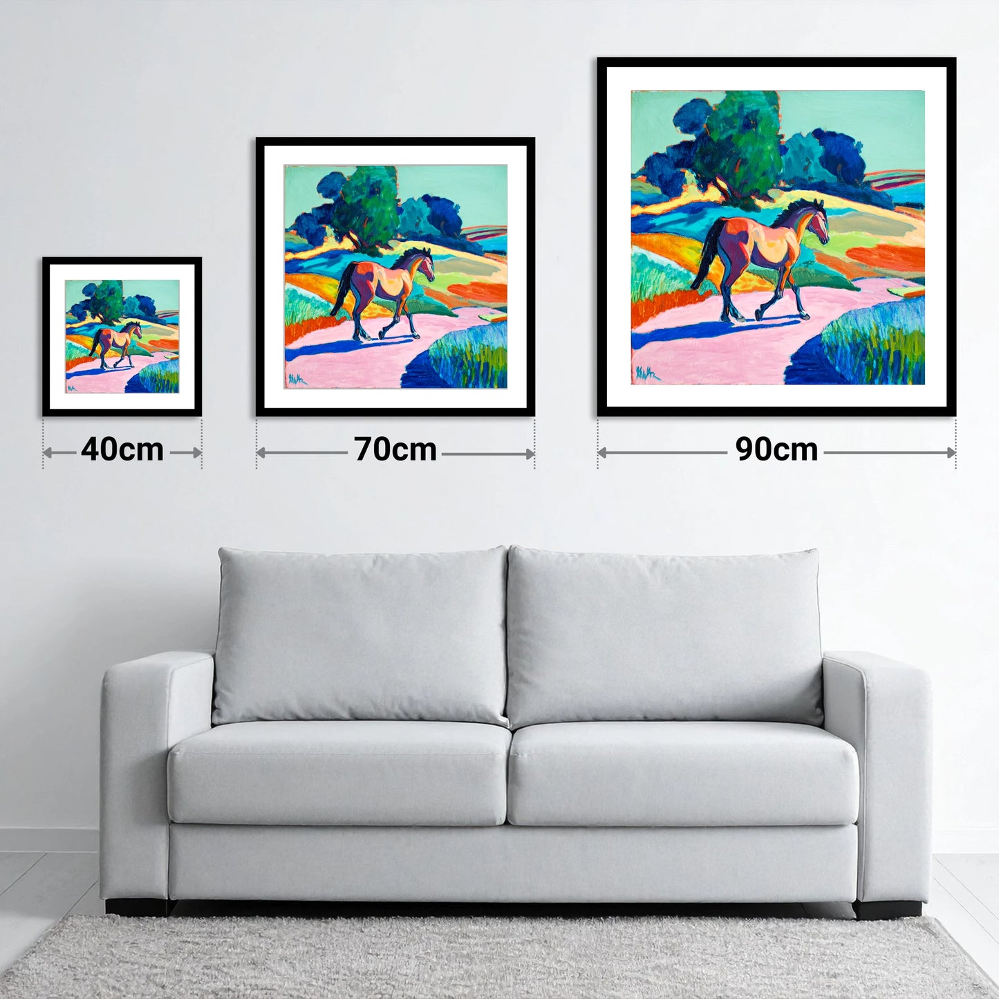 Technicolour Trot - size guide showing 40cm, 70cm and 90cm art prints