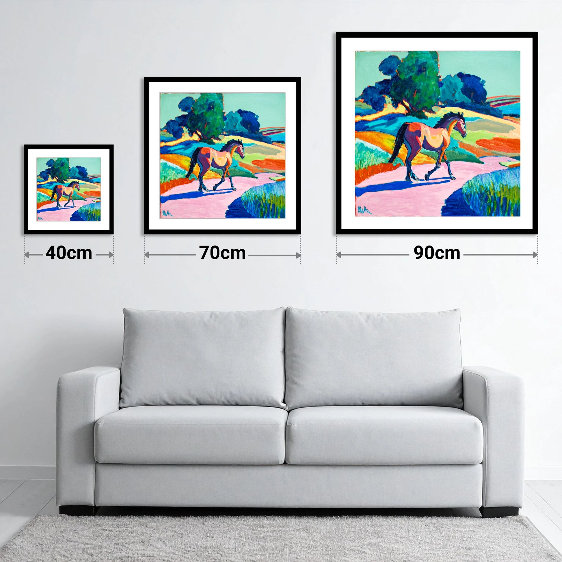 Technicolour Trot - size guide showing 40cm, 70cm and 90cm art prints