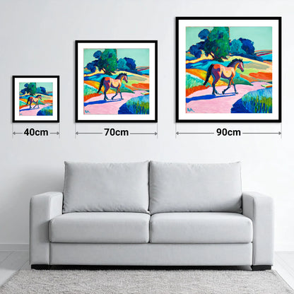 Technicolour Trot - size guide showing 40cm, 70cm and 90cm art prints