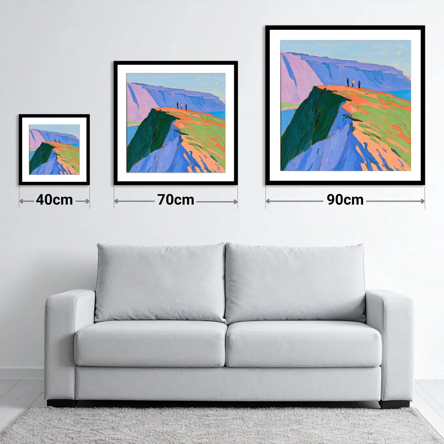 Vivid Coastal Vantage - size guide showing 40cm, 70cm and 90cm art prints